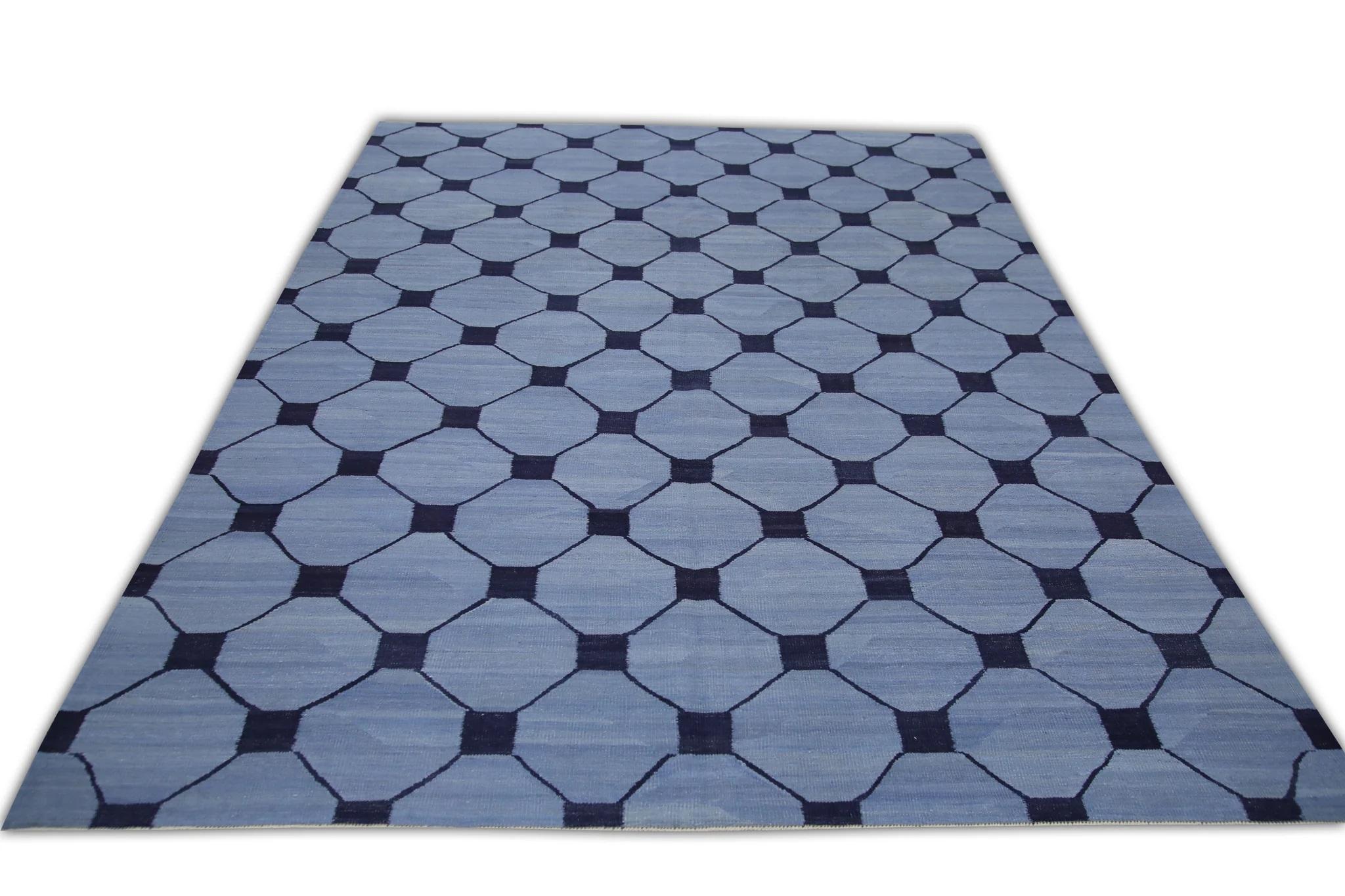 Blue & Navy Geometric Pattern Flatweave Handmade Wool Rug 8'1