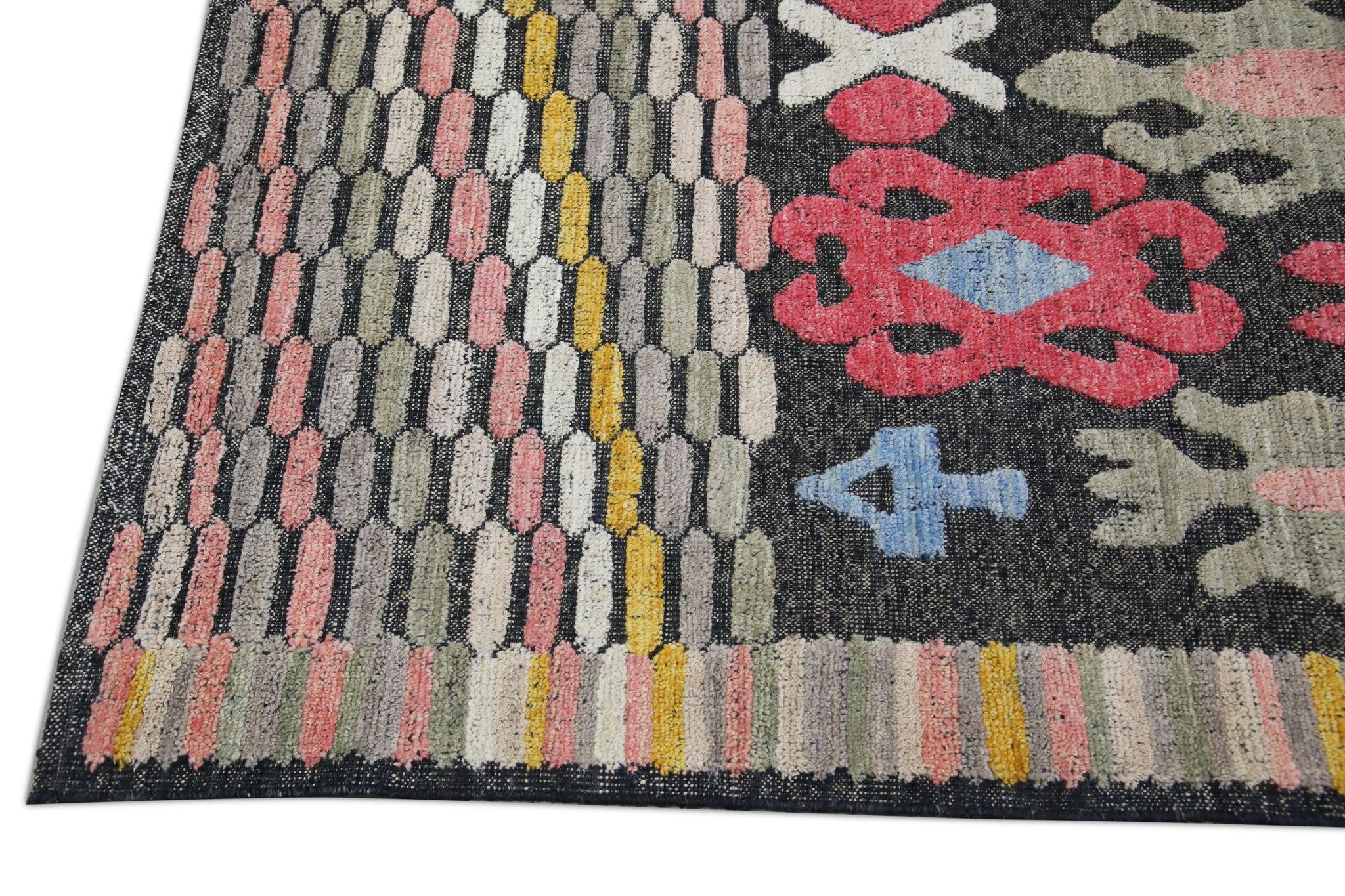 Flatweave Handmade Wool Rug in Pink, Blue, Yellow Geometric Design 8'5