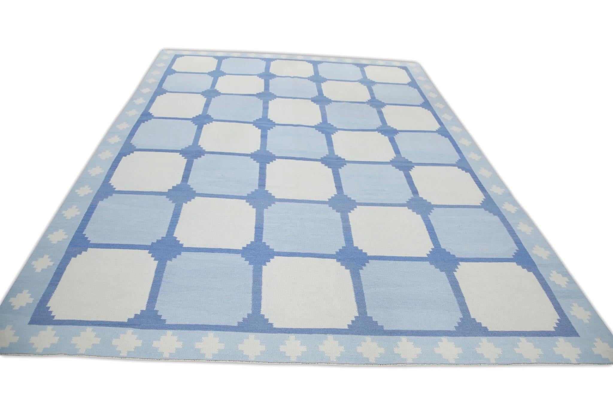 Blue Geometric Design Flatweave Handmade Wool Rug 9'5