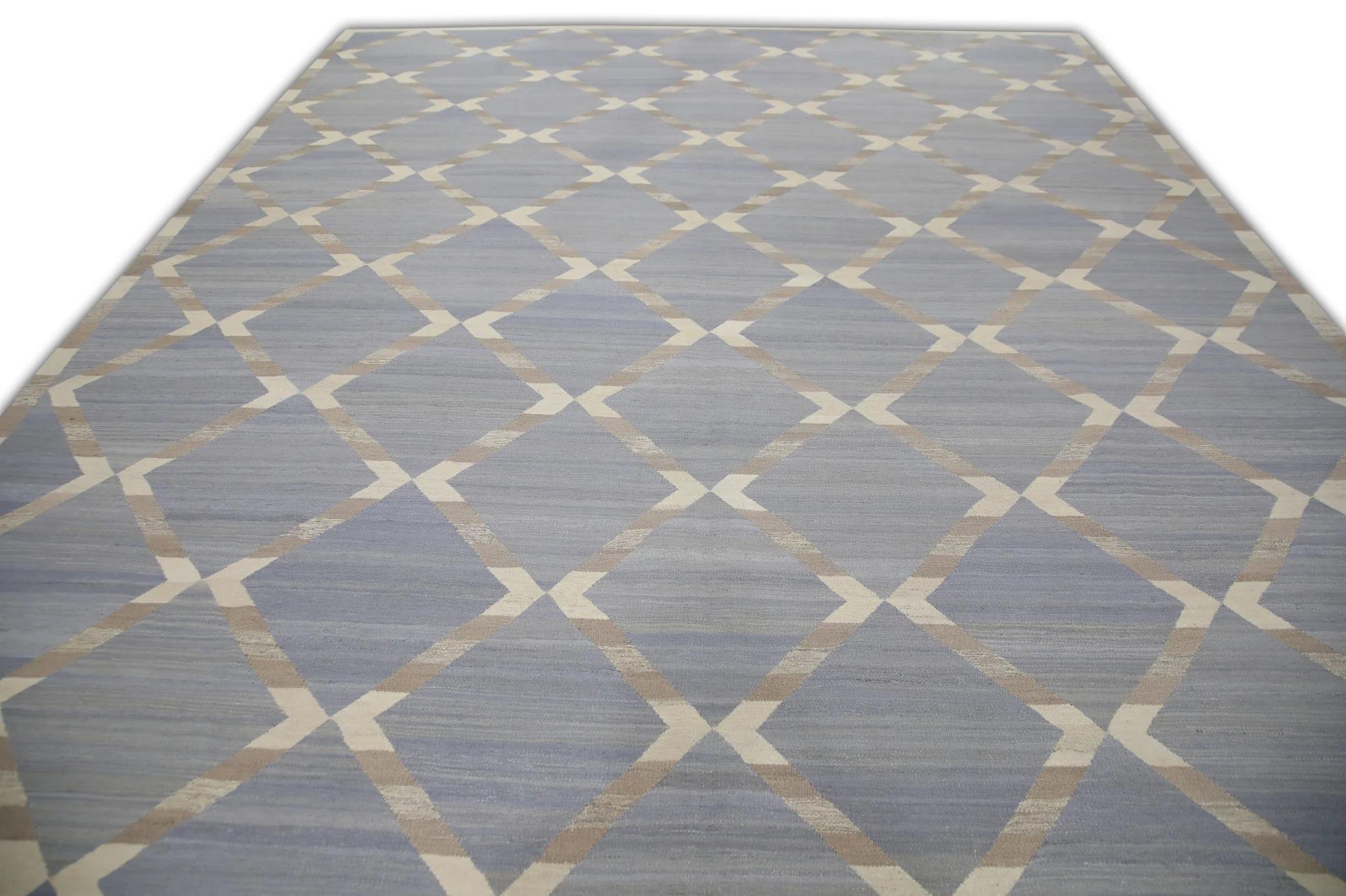 Blauer und grauer handgefertigter Flachgewebe-Wollteppich in geometrischem Design 10'4