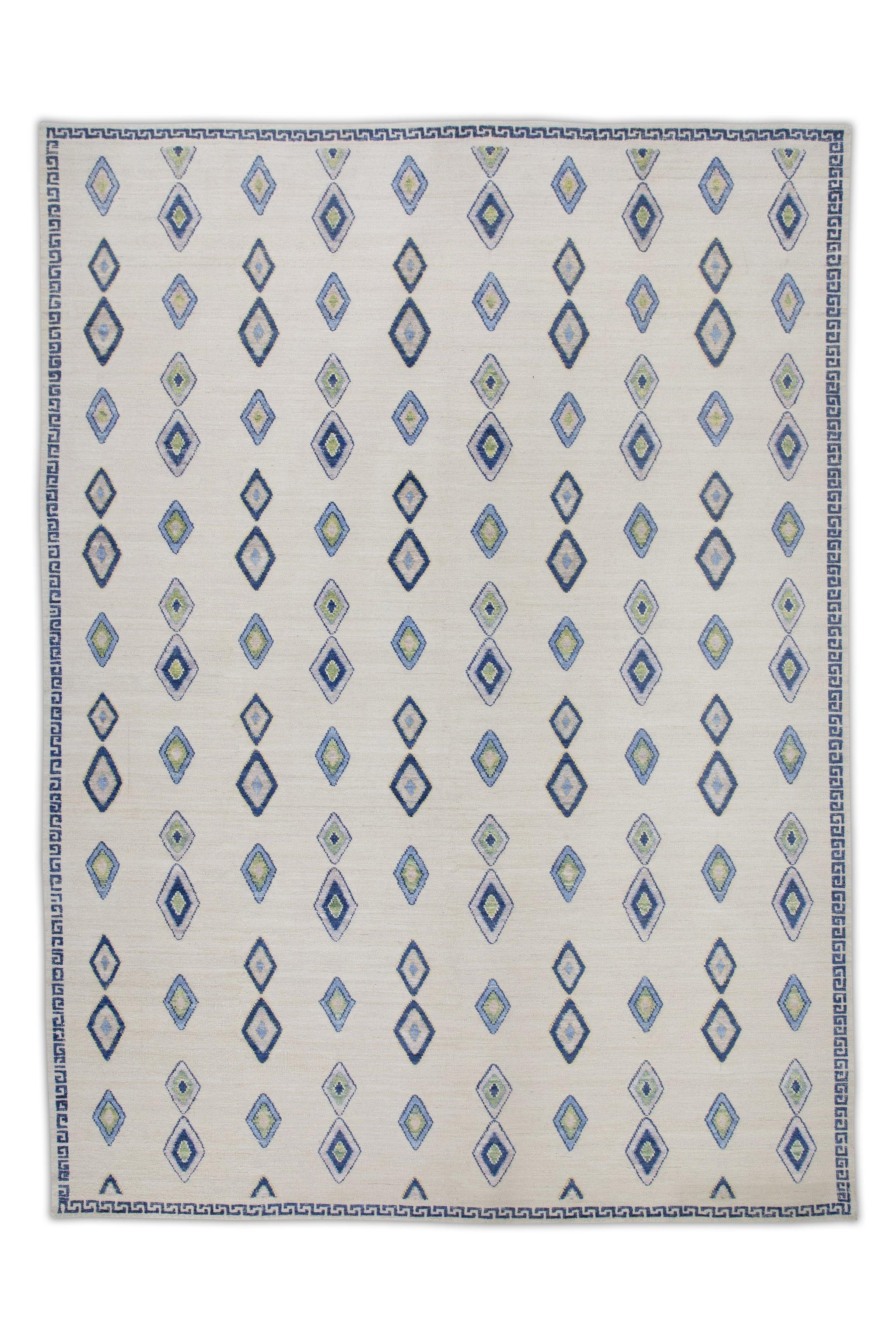 Contemporary Cream Flatweave Handmade Wool Rug in Blue Geometric Diamond Pattern 10'8