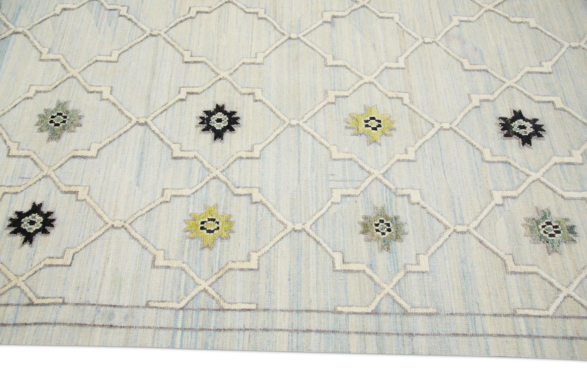 Contemporary Blue and Green Geometric Design Flatweave Handmade Wool Rug 9'5