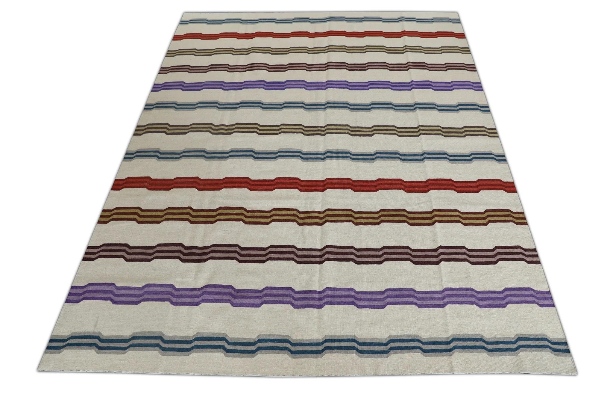 Contemporary Multicolor Geometric Stripe Pattern Flatweave Handmade Wool Rug 8'6