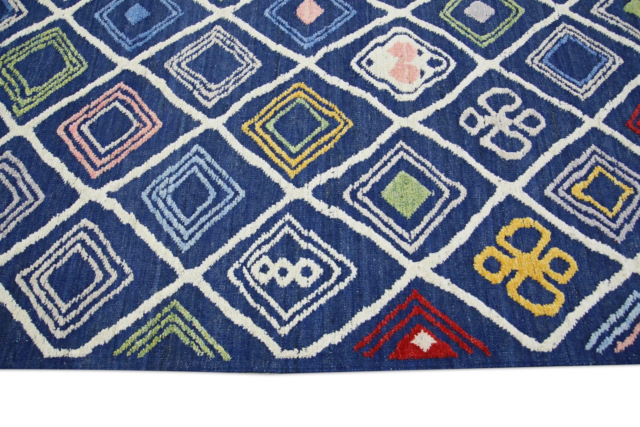 Contemporary Blue Multicolor Geometric Design Flatweave Handmade Wool Rug 8'11