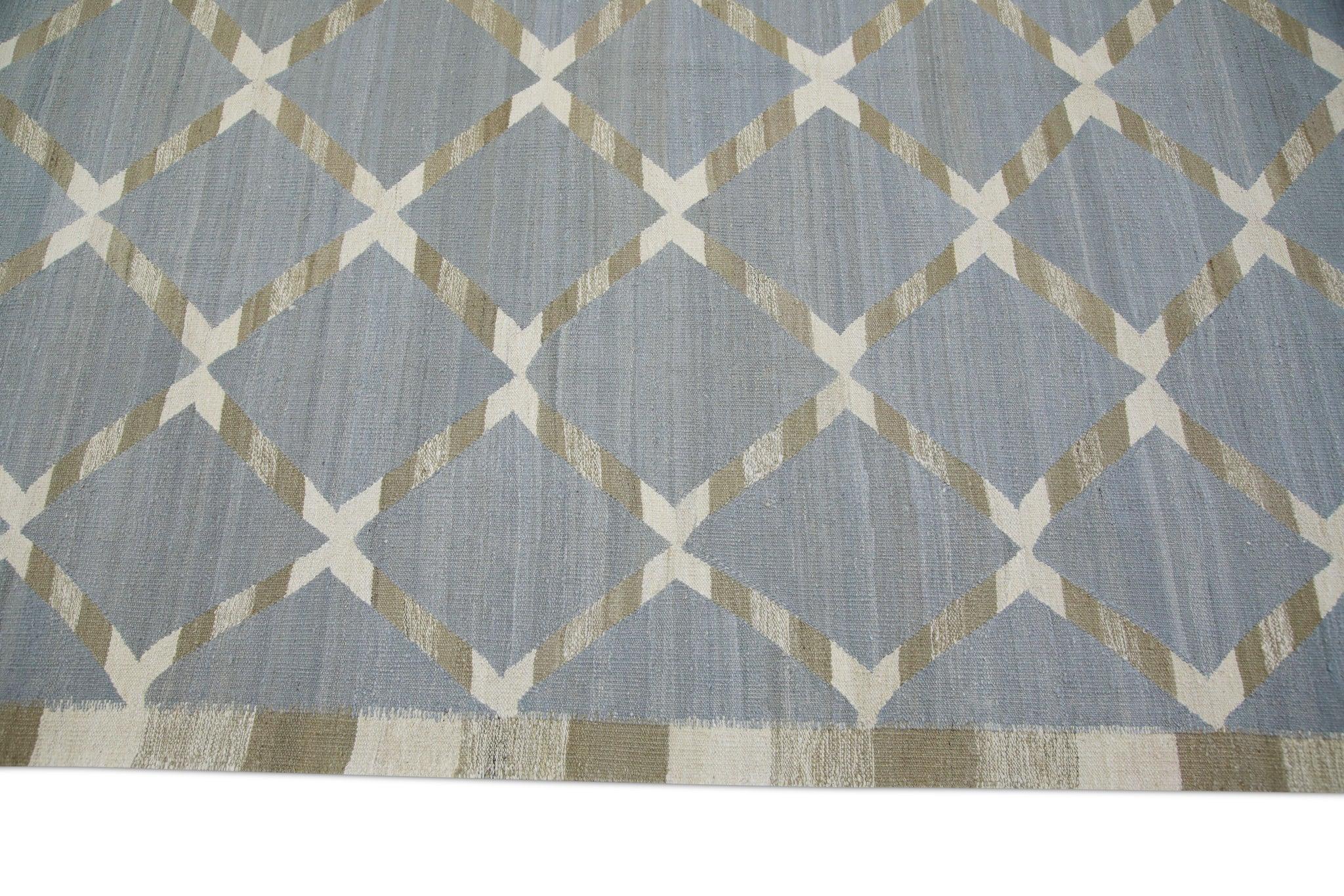 Contemporary Blue & Brown Geometric Pattern Flatweave Handmade Wool Rug 9'5