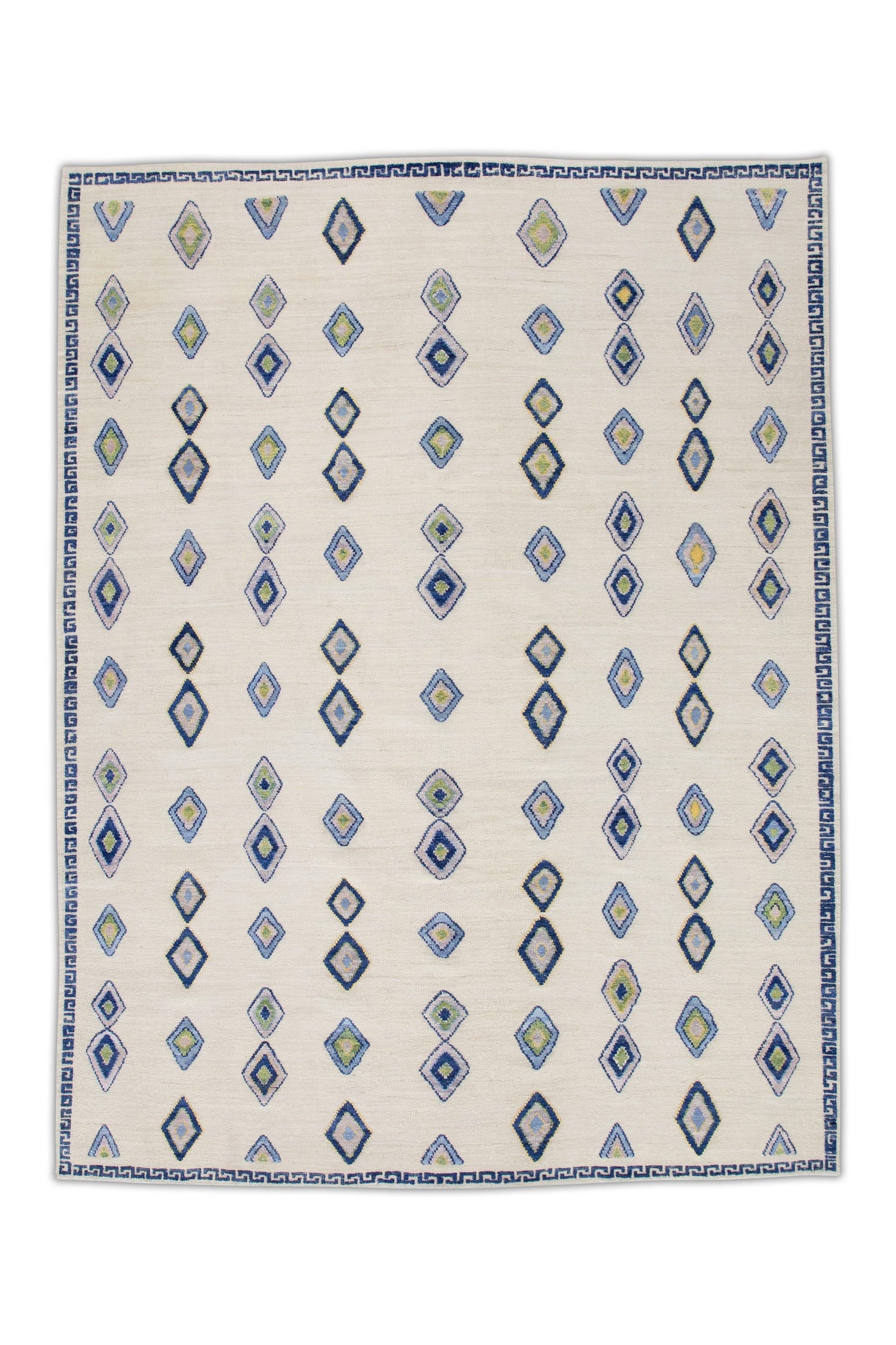 Contemporary Blue & Pink Geometric Diamond Pattern Flatweave Handmade Wool Rug 9'3