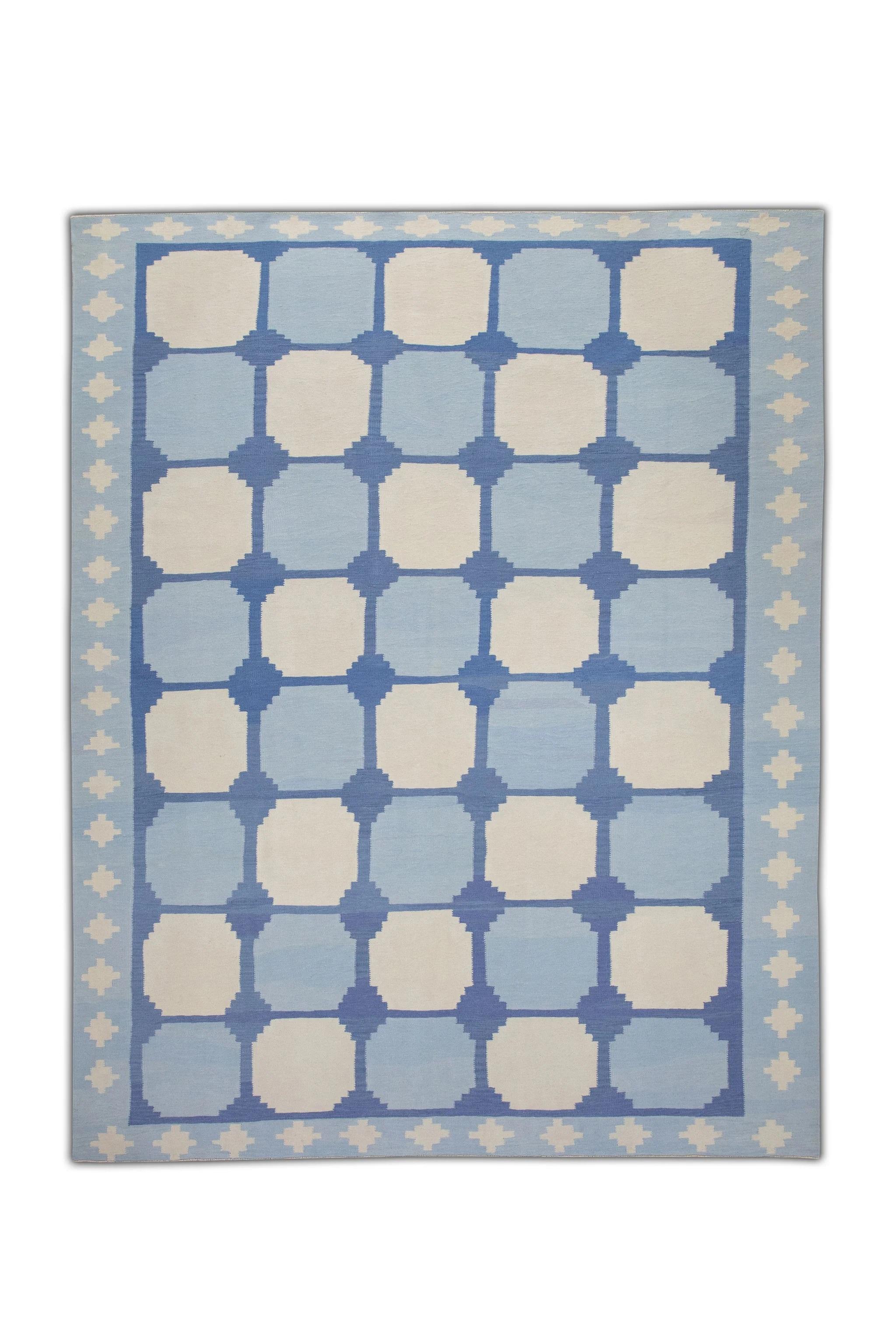 Contemporary Blue Geometric Design Flatweave Handmade Wool Rug 9' x 12'1