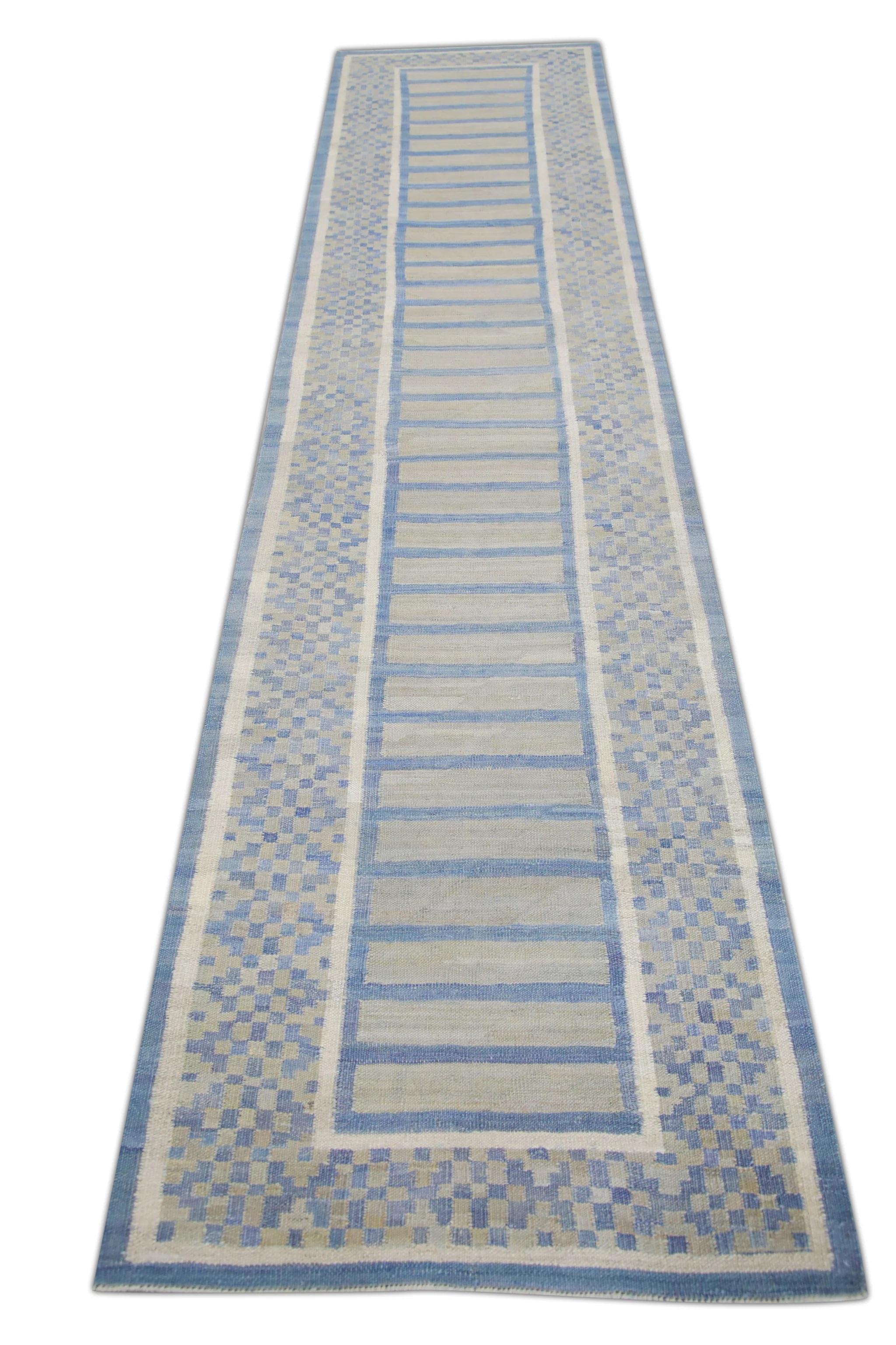 Contemporary Gray and Blue Geometric Pattern Flatweave Handmade Wool Rug 2'11
