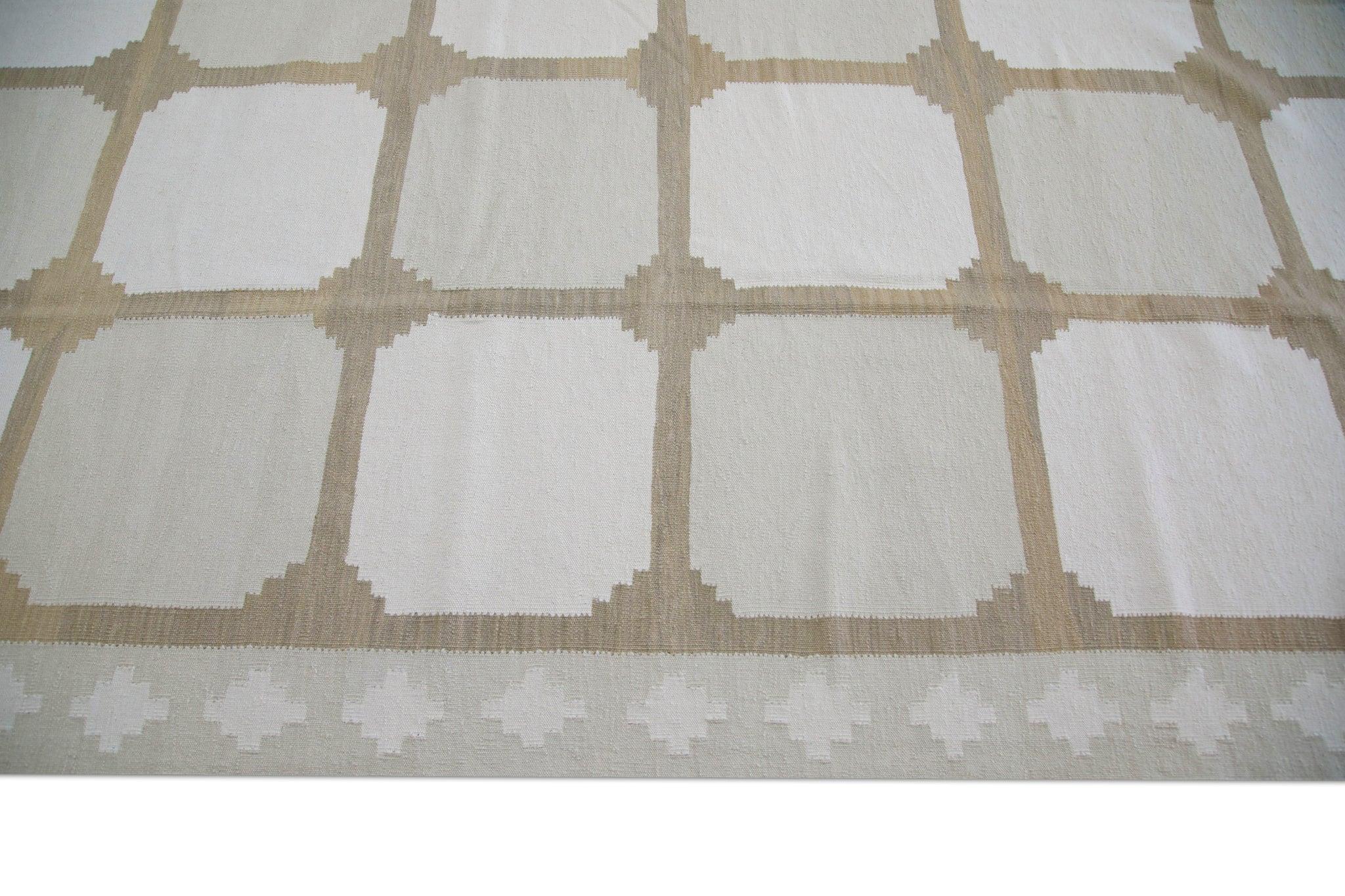 Contemporary Cream & Brown Geometric Design Flatweave Handmade Wool Rug 9'11
