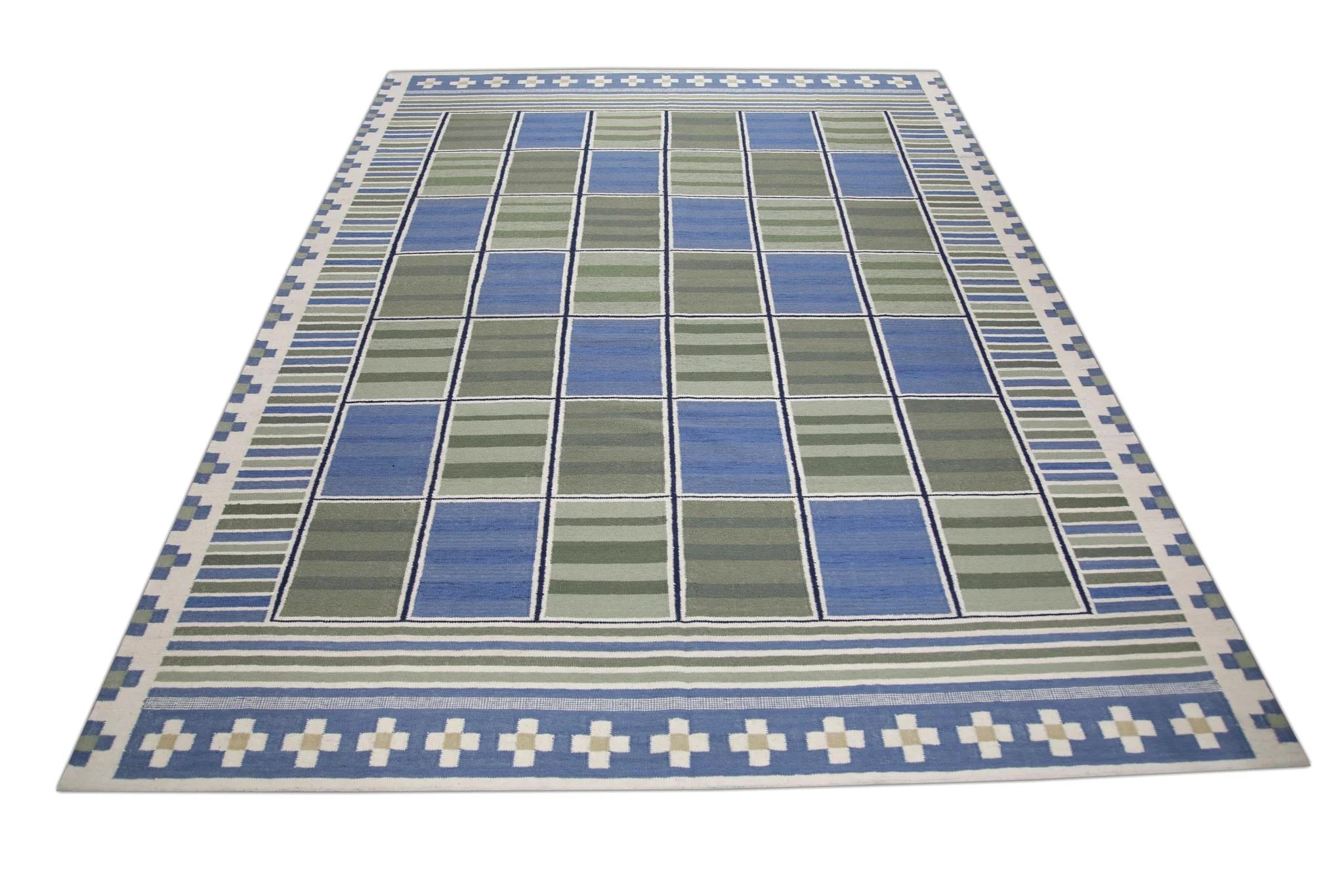 Contemporary Green and Blue Geometric Design Flatweave Handmade Wool Rug 9'1
