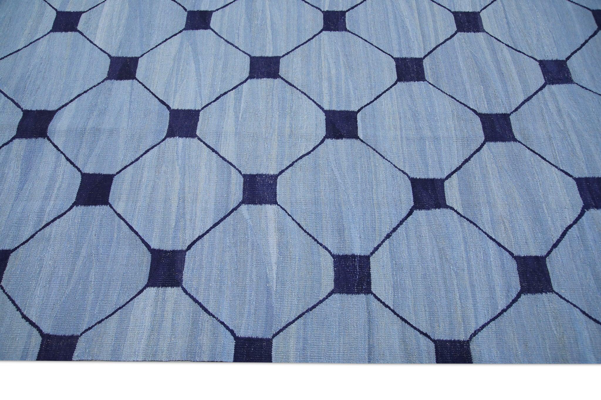 Contemporary Blue & Navy Geometric Design Flatweave Handmade Wool Rug 10'4