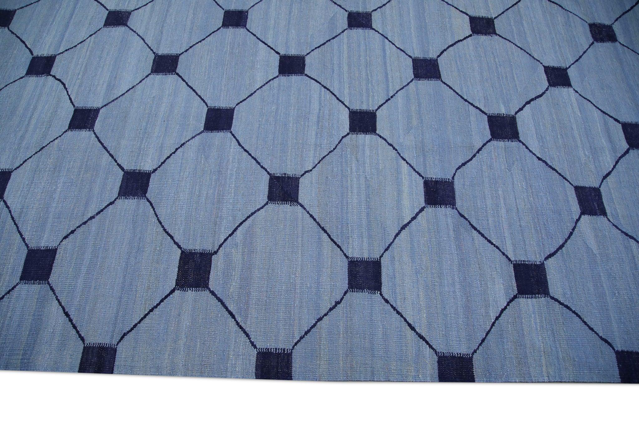 Contemporary Blue & Navy Geometric Design Flatweave Handmade Wool Rug 10'5