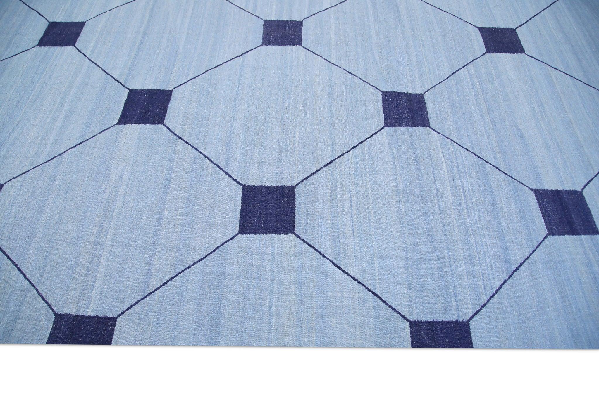 Contemporary Blue & Navy Geometric Design Flatweave Handmade Wool Rug 10' X 14'7