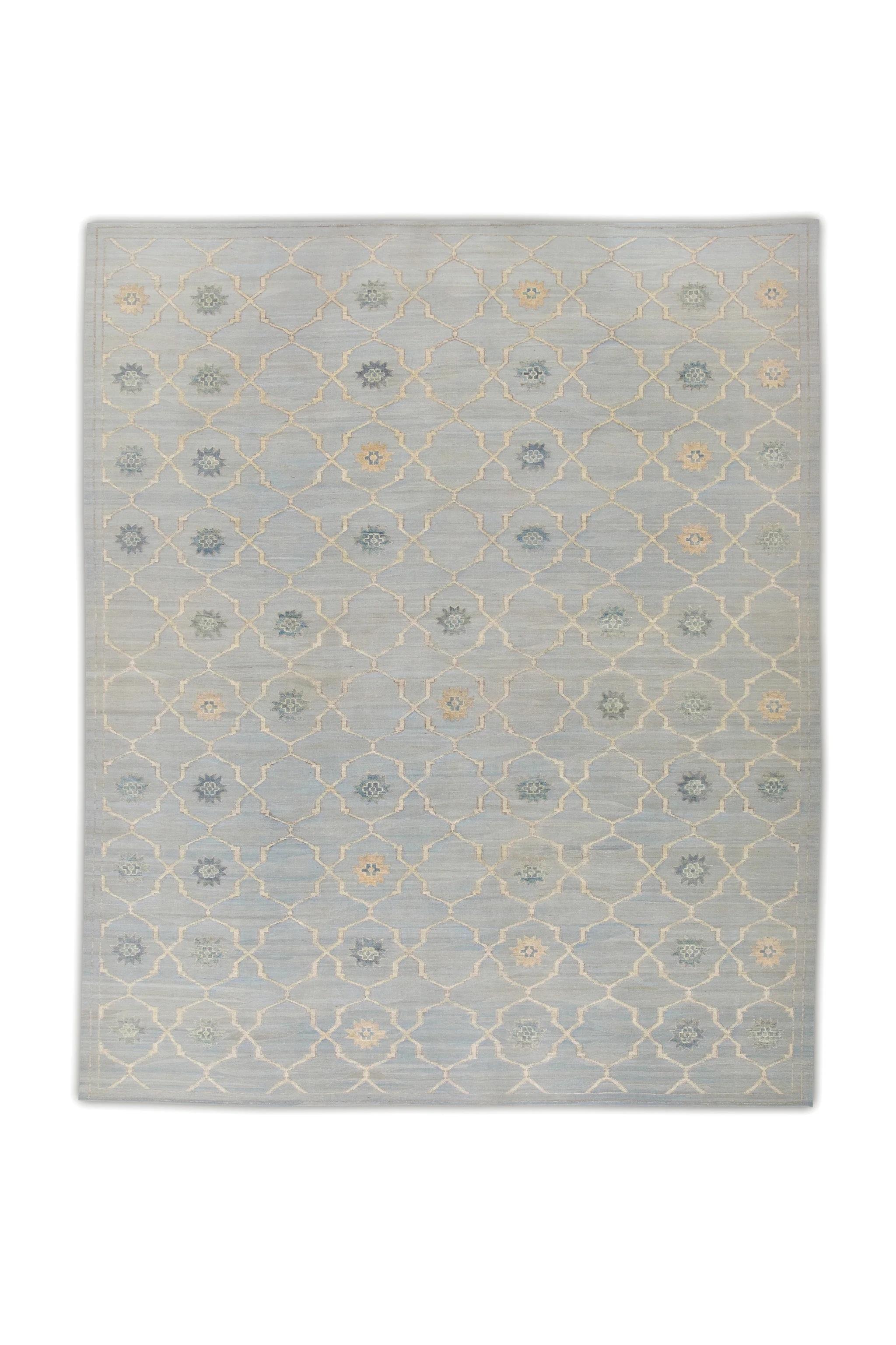 Contemporary Blue Geometric Design Flatweave Handmade Wool Rug 11'11