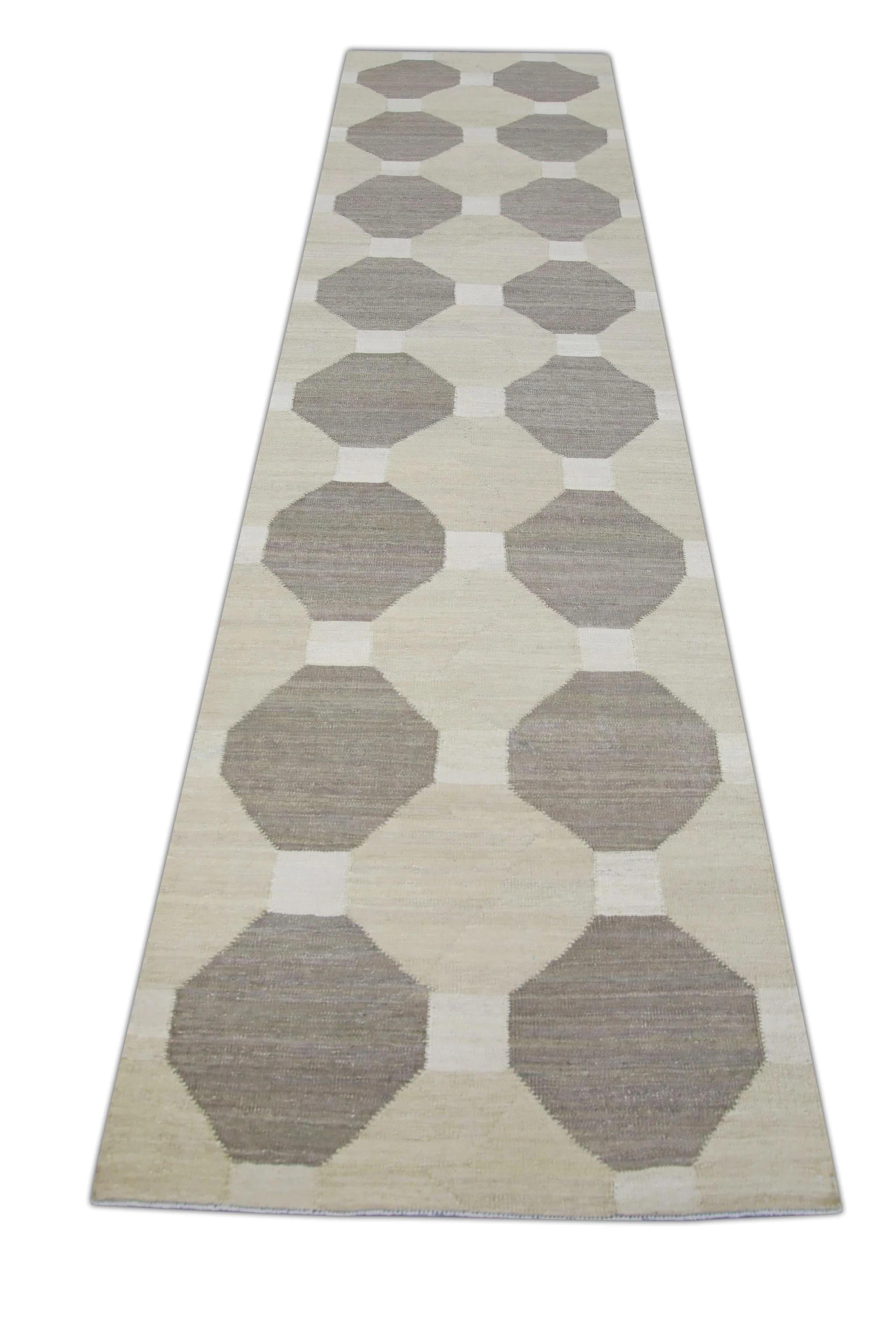 Contemporary Tan and Brown Geometric Design Flatweave Handmade Wool Rug 3'1