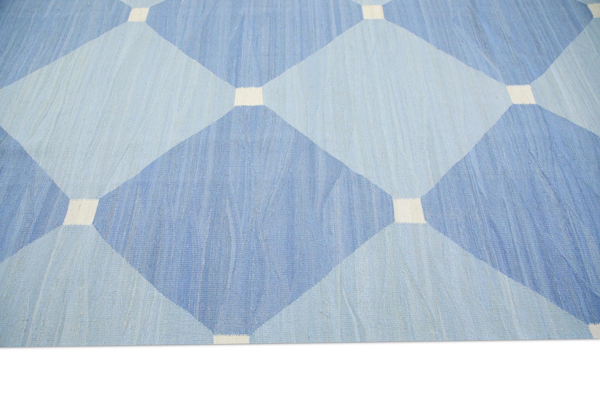 Contemporary Blue Geometric Design Flatweave Handmade Wool Rug 10'3