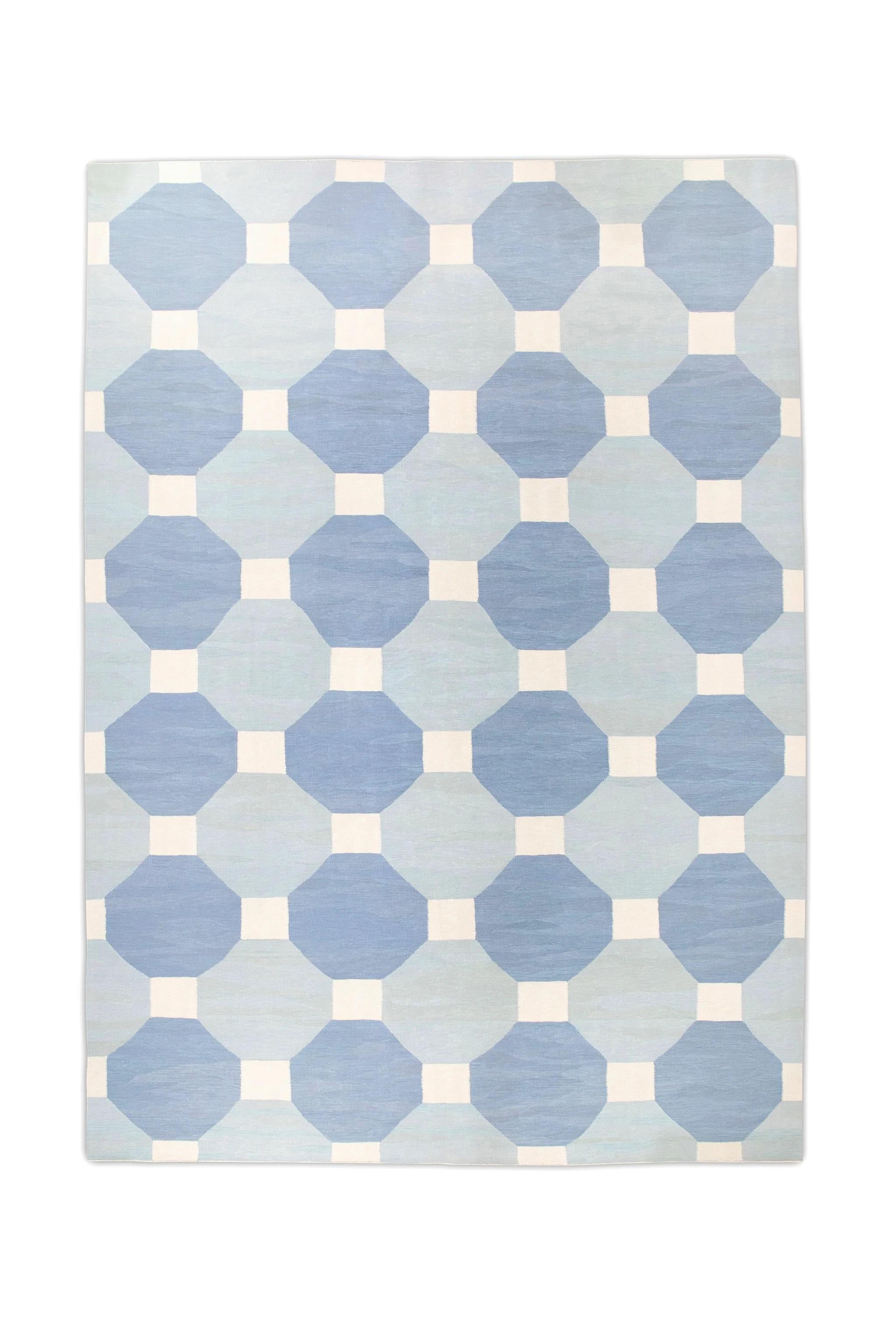Blauer handgefertigter Flachgewebe-Wollteppich in geometrischem Design 10'1