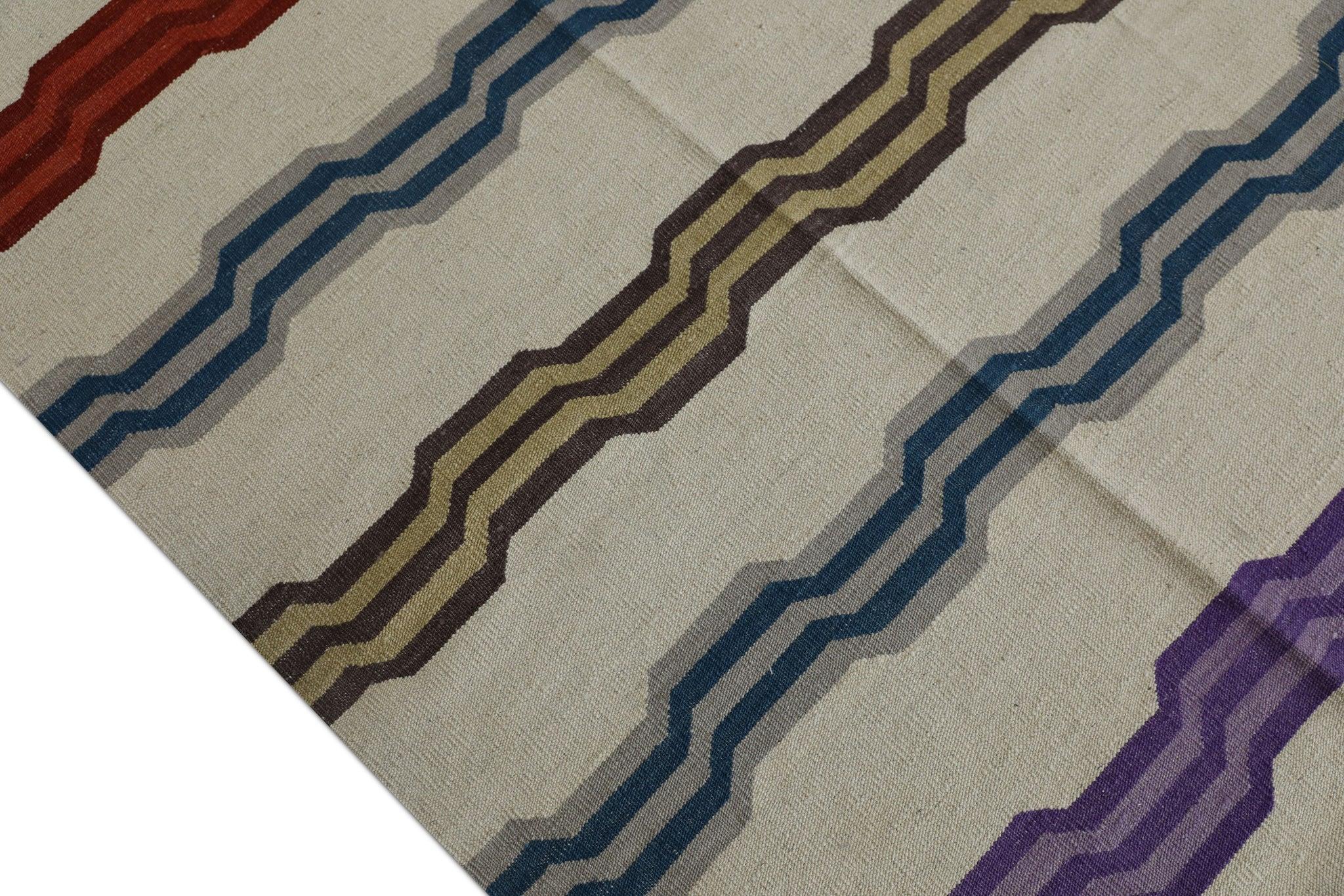 XXI secolo e contemporaneo Tappeto in lana fatto a mano multicolore con design a strisce geometriche a tessitura piatta 9'1