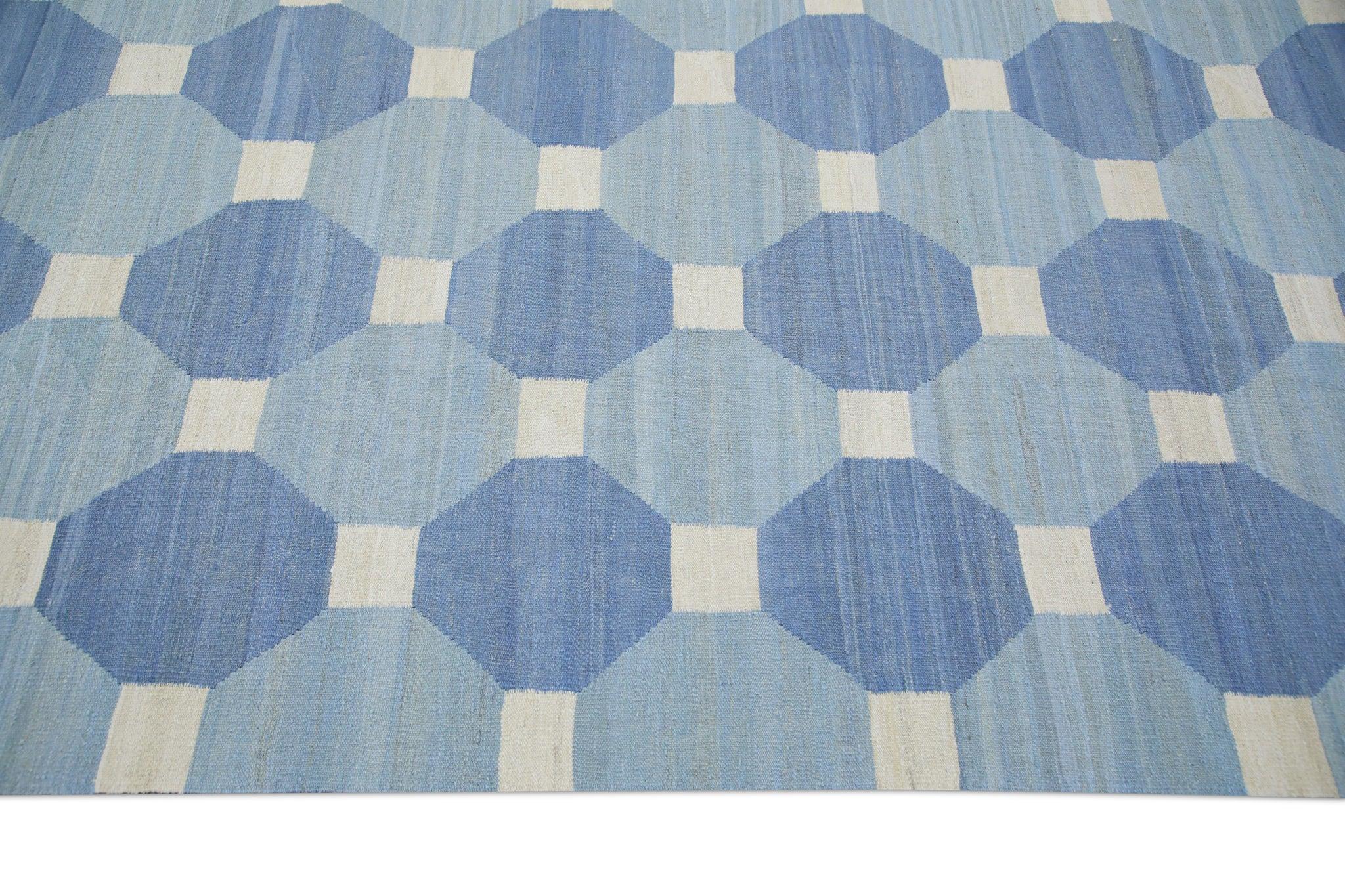 Contemporary Blue Geometric Design Flatweave Handmade Wool Rug 8'9