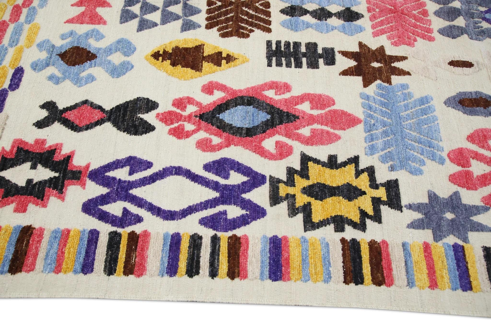 XXIe siècle et contemporain Tapis en laine tissé à plat à motifs géométriques multicolores fait à la main 7'11