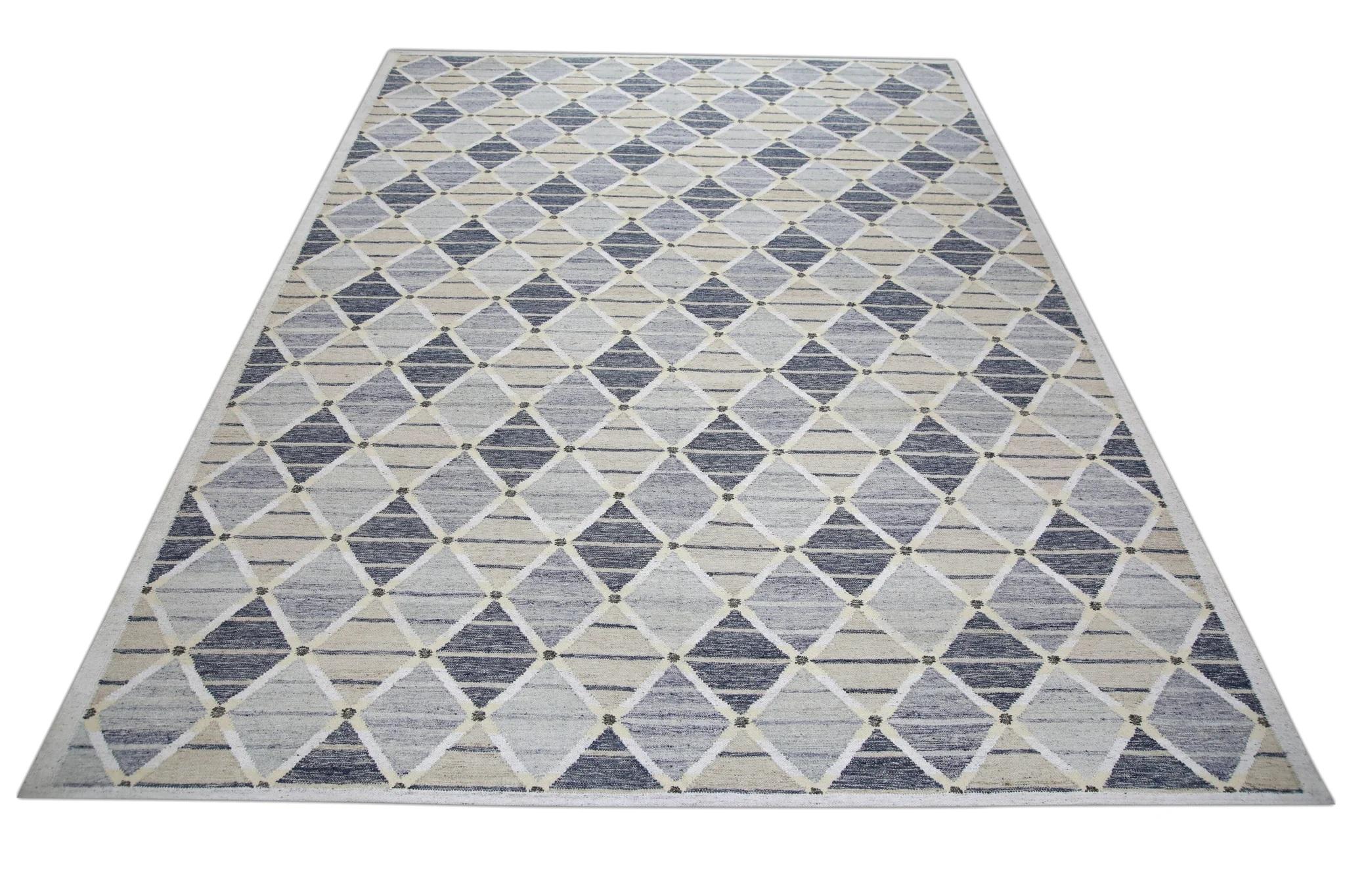 Contemporary Blue Geometric Pattern Flatweave Handmade Wool Rug 9' X 12'2