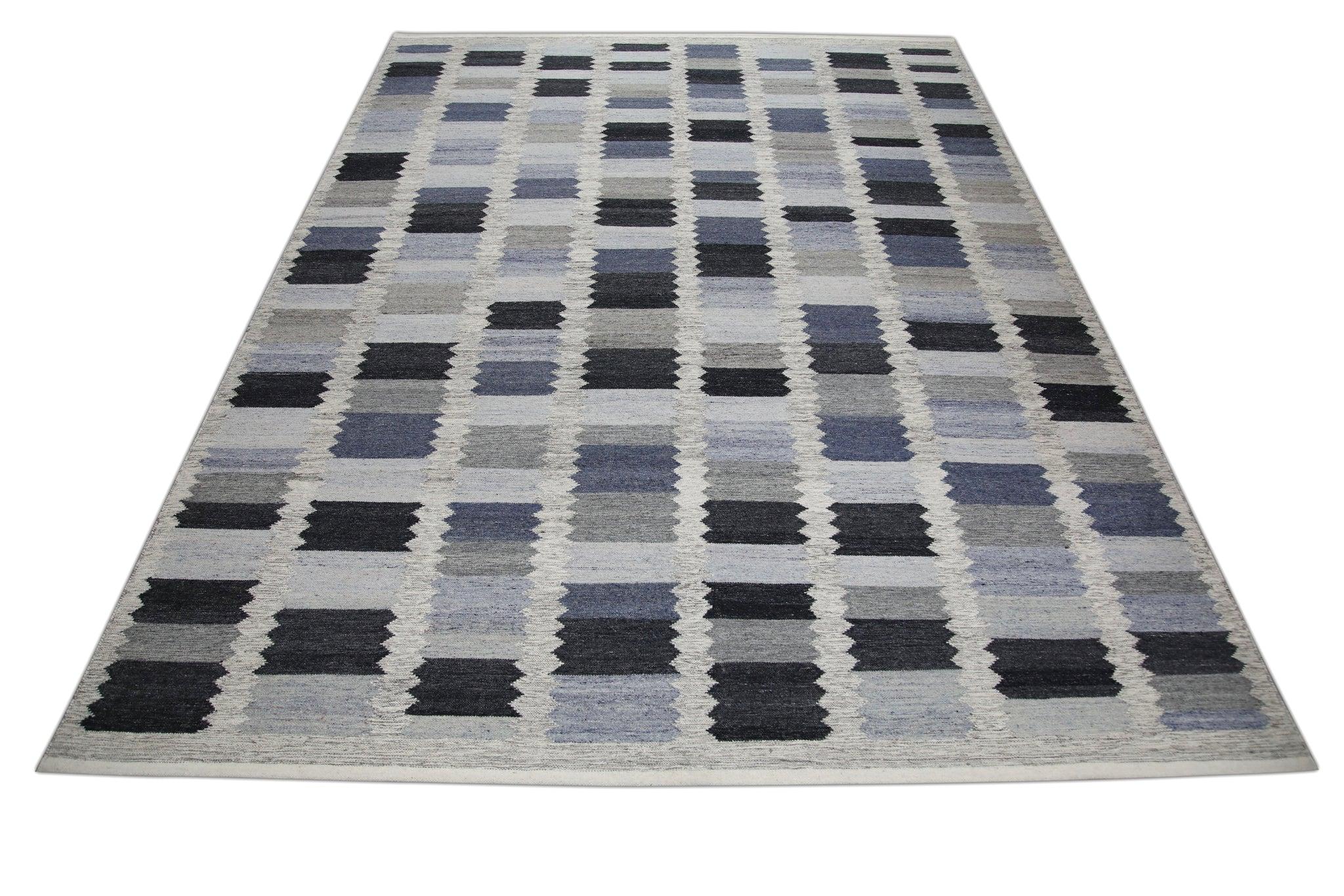 Contemporary Blue & Gray Geometric Design Flatweave Handmade Wool Rug 9' X 12'3