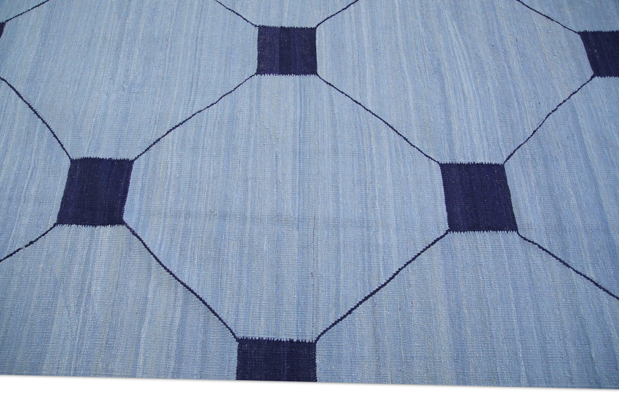 Contemporary Blue & Navy Geometric Design Flatweave Handmade Wool Rug 10'5