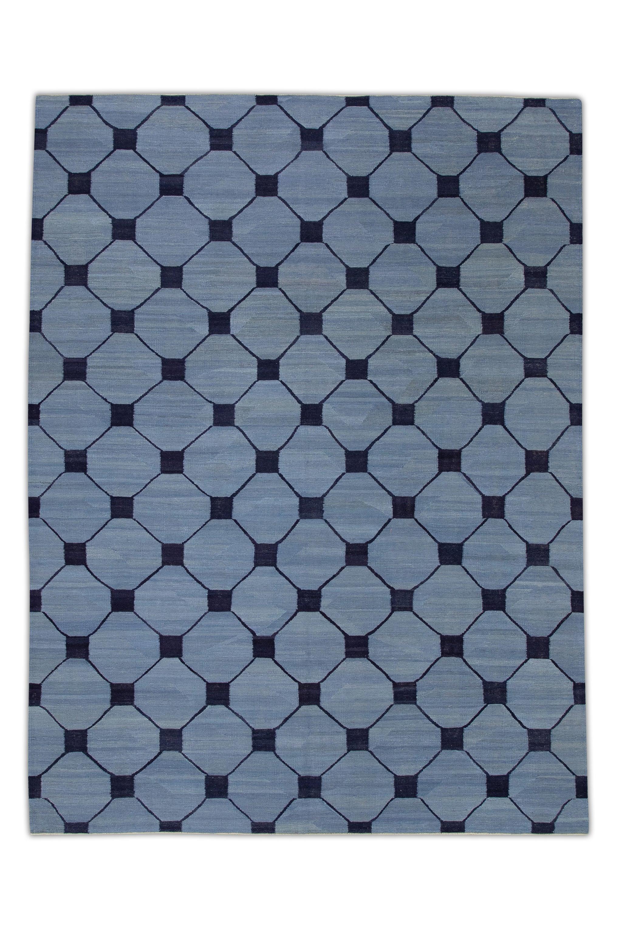 Contemporary Blue & Navy Geometric Pattern Flatweave Handmade Wool Rug 8'1