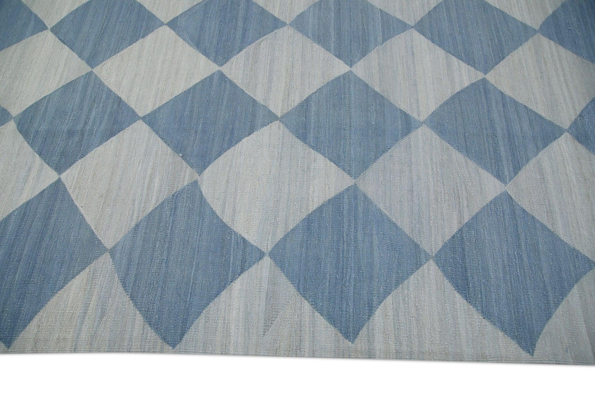 Contemporary Blue Checkered Pattern Flatweave Handmade Wool Rug 9'7