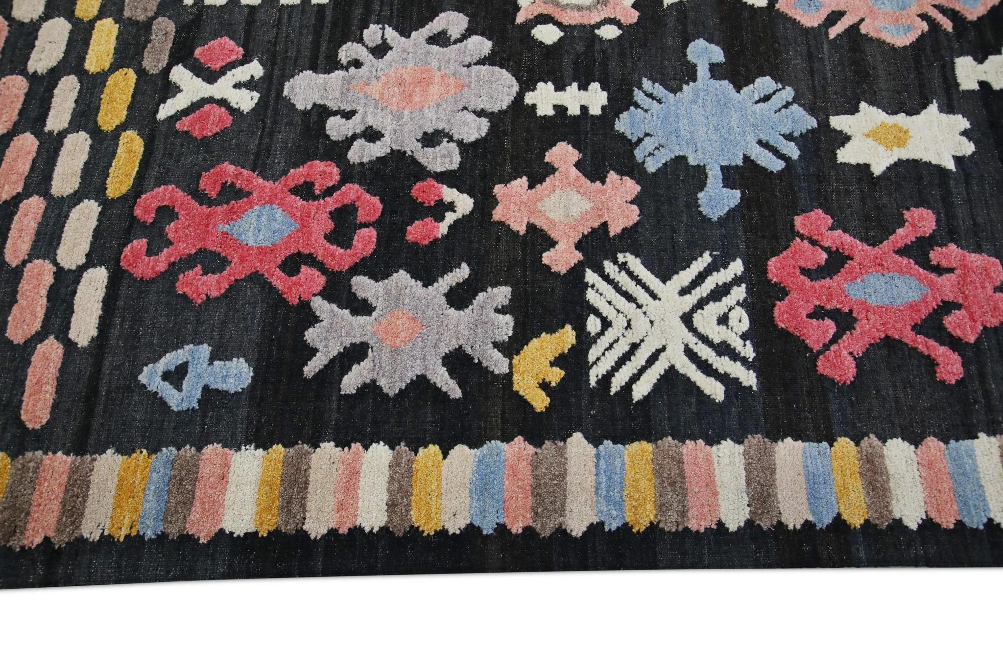 Contemporary Flatweave Handmade Wool Rug in Pink, Blue, Yellow Geometric Design 8'11