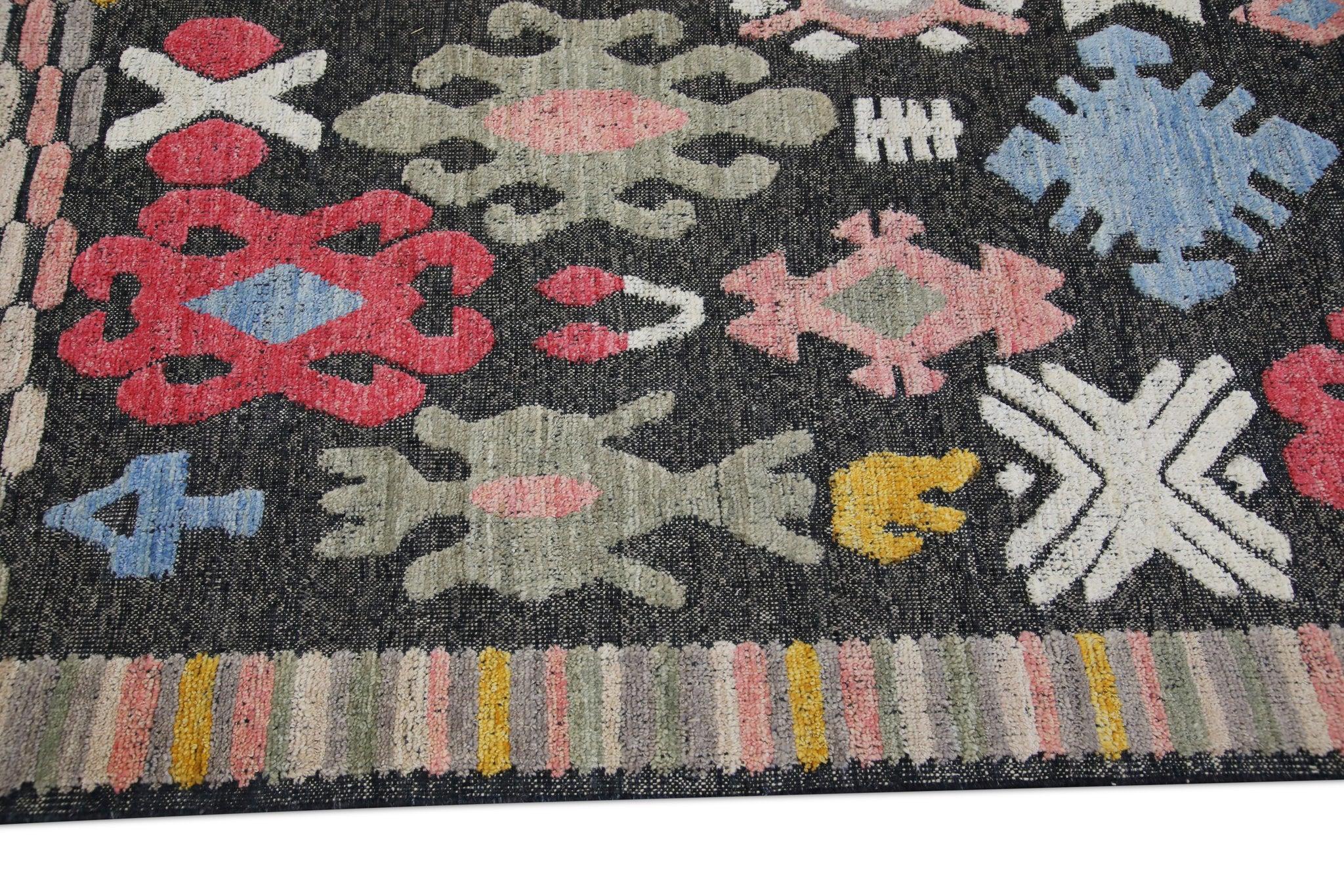 Contemporary Flatweave Handmade Wool Rug in Pink, Blue, Yellow Geometric Design 8'5