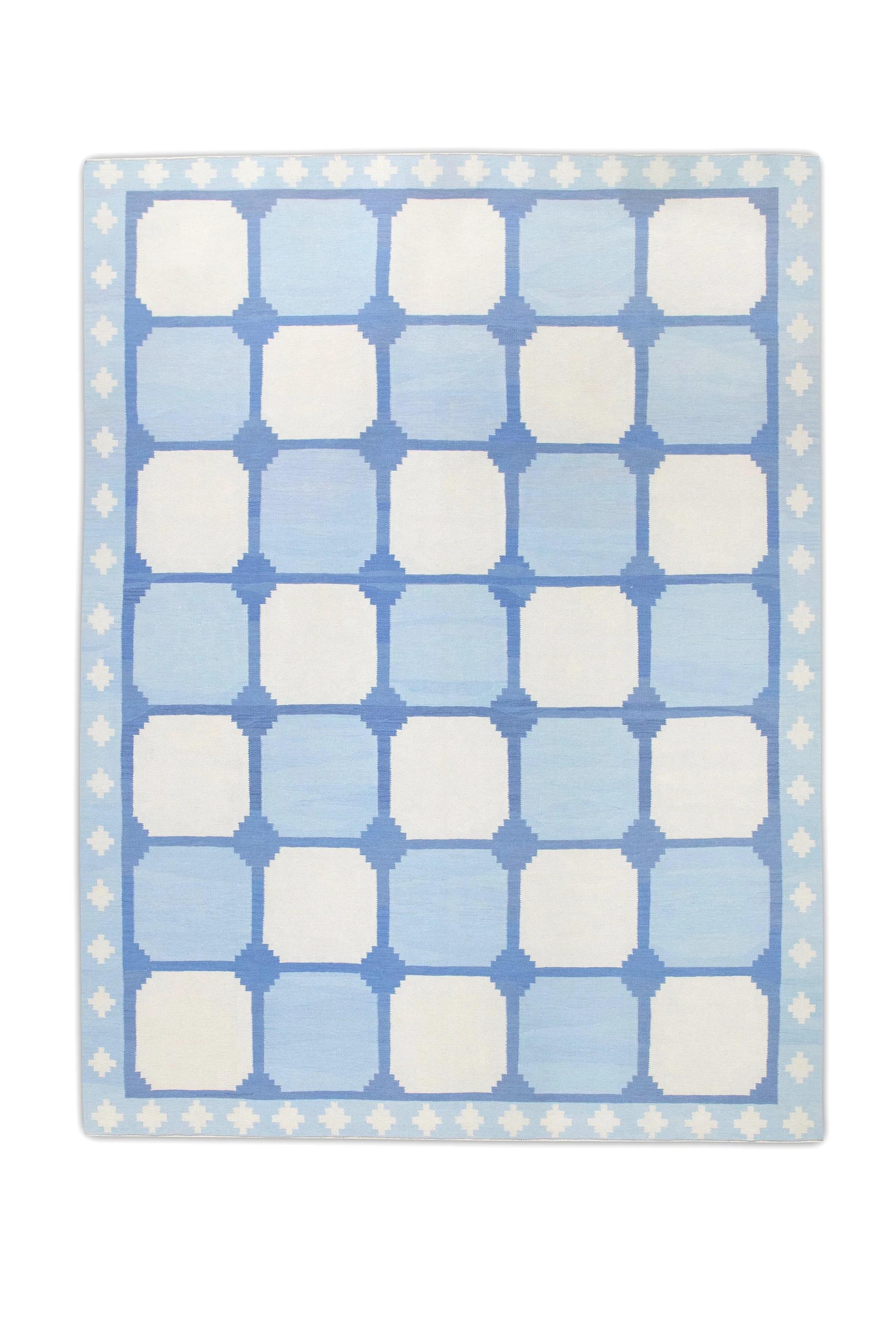 Contemporary Blue Geometric Design Flatweave Handmade Wool Rug 9'5