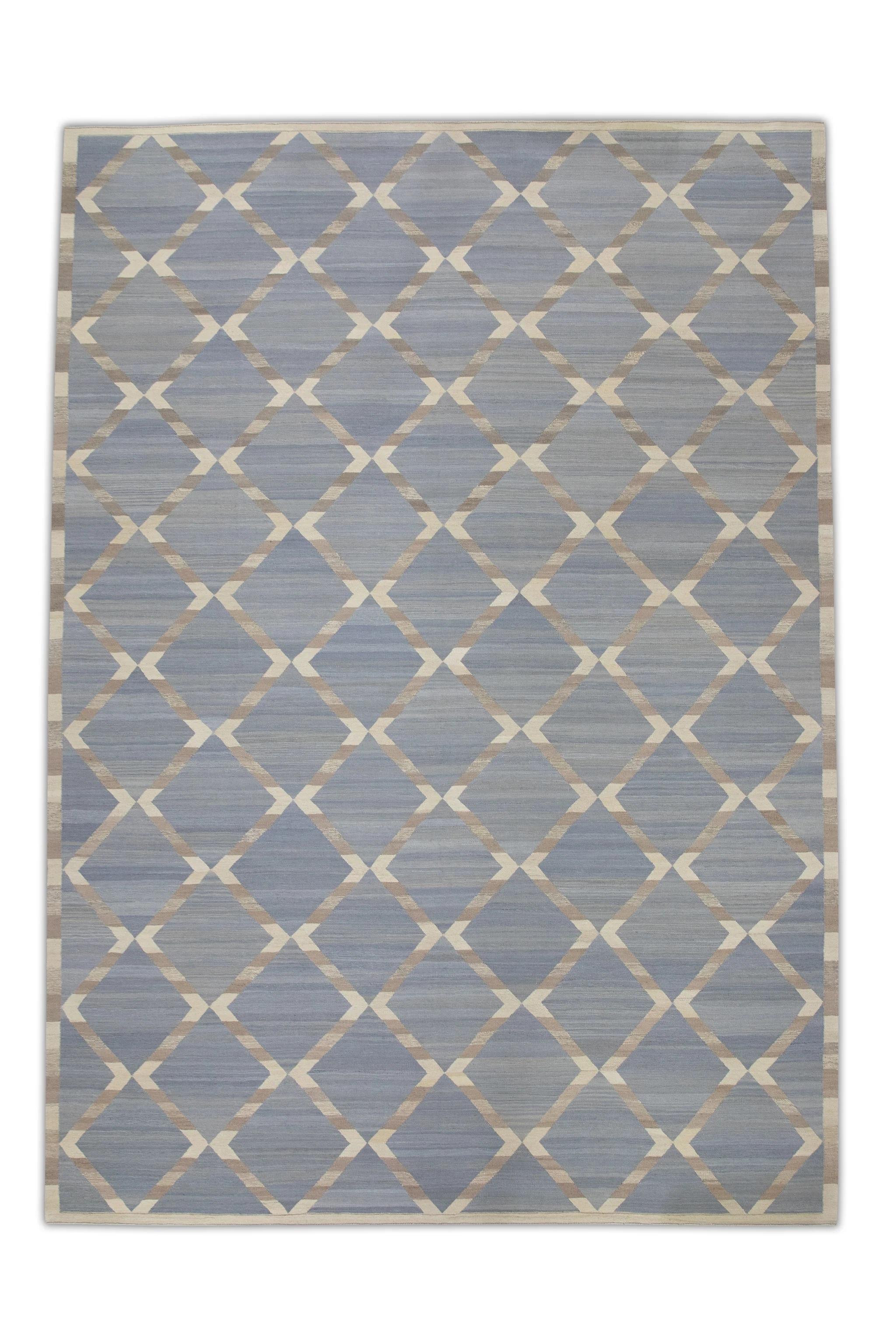 Blauer und grauer handgefertigter Flachgewebe-Wollteppich in geometrischem Design 10'4