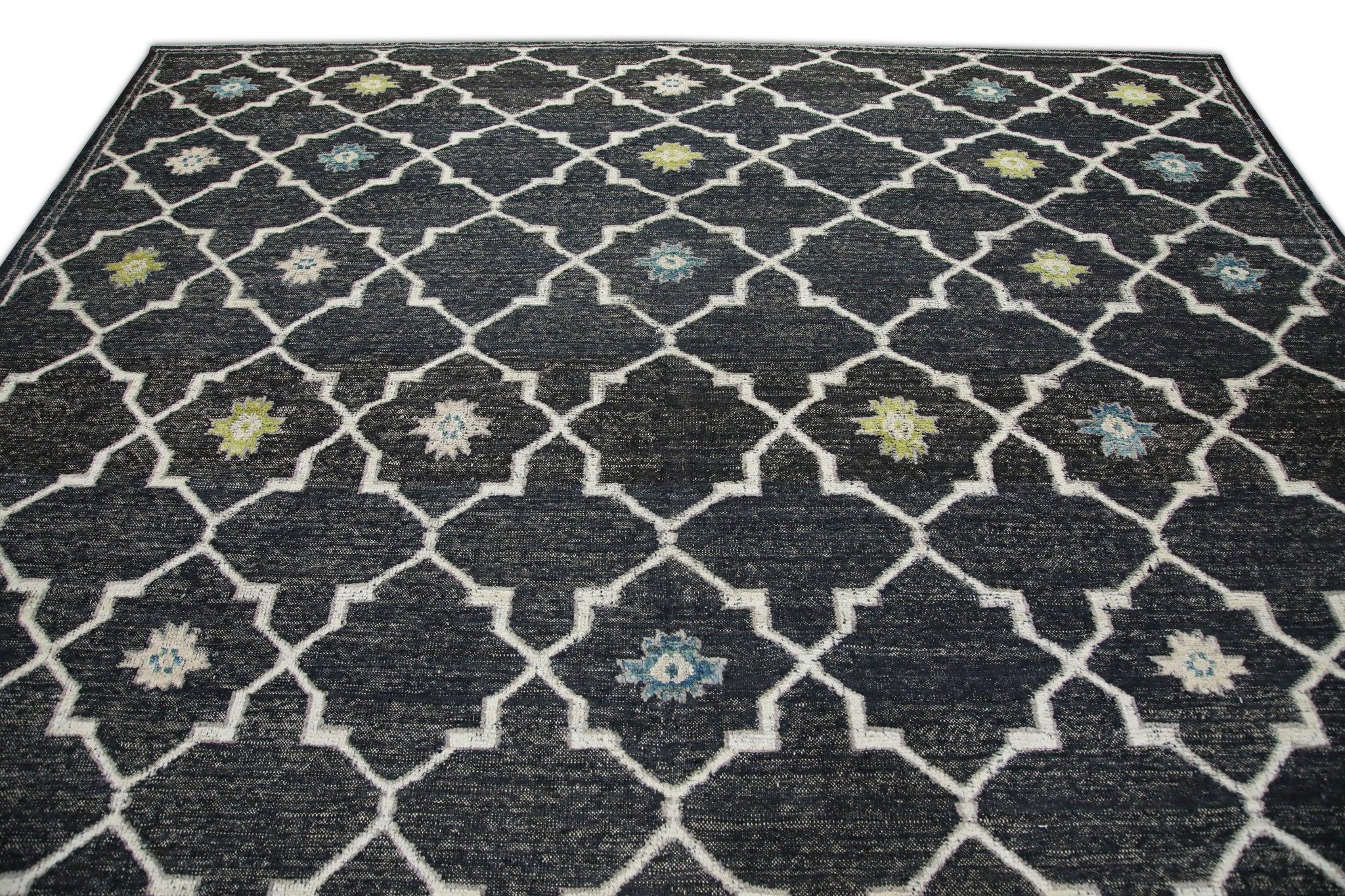 Charcoal Flatweave Handmade Wool Rug in Blue & Green Geometric Design 10' X 12'4 For Sale 1