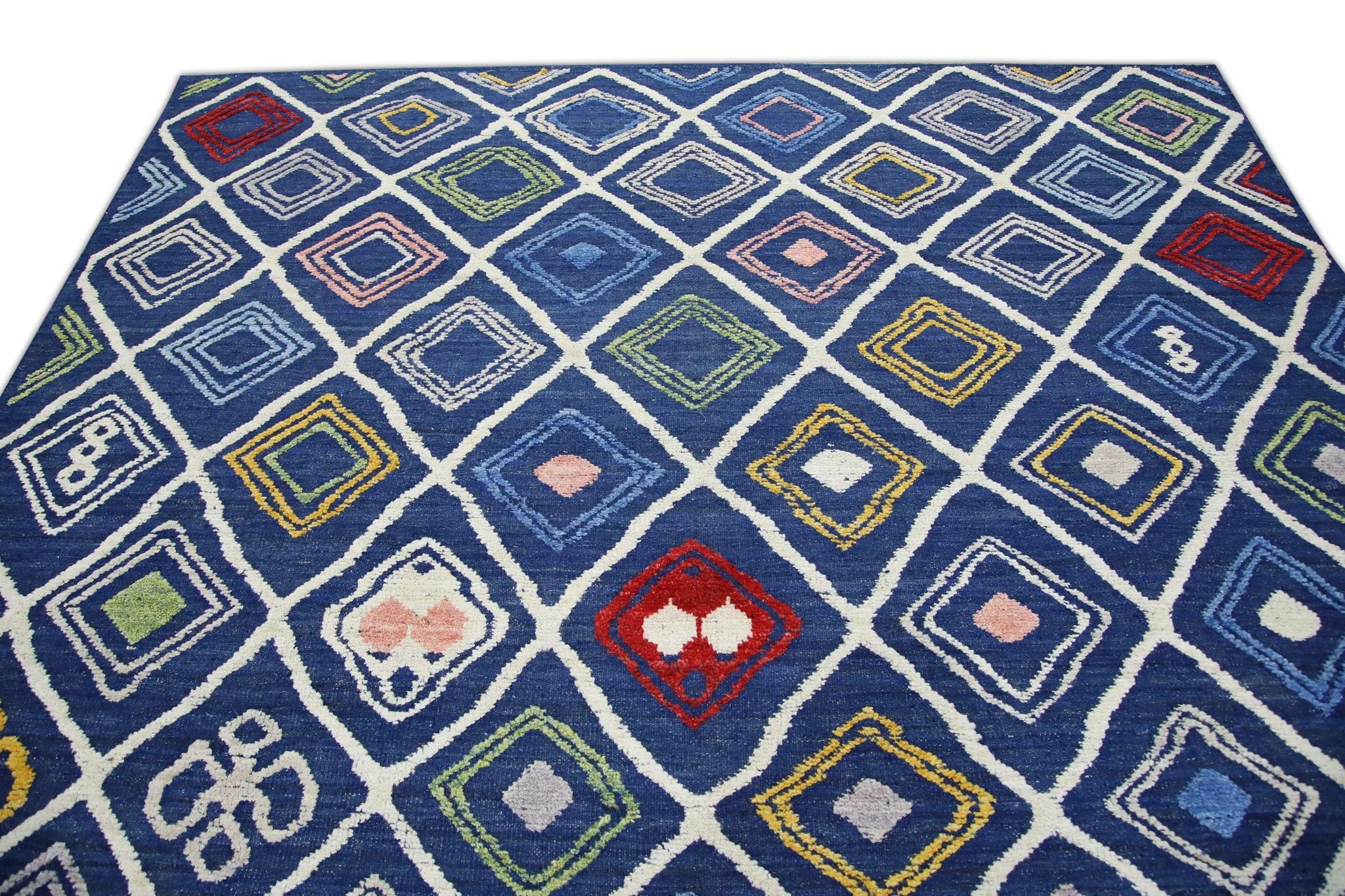 Blue Multicolor Geometric Design Flatweave Handmade Wool Rug 8'11