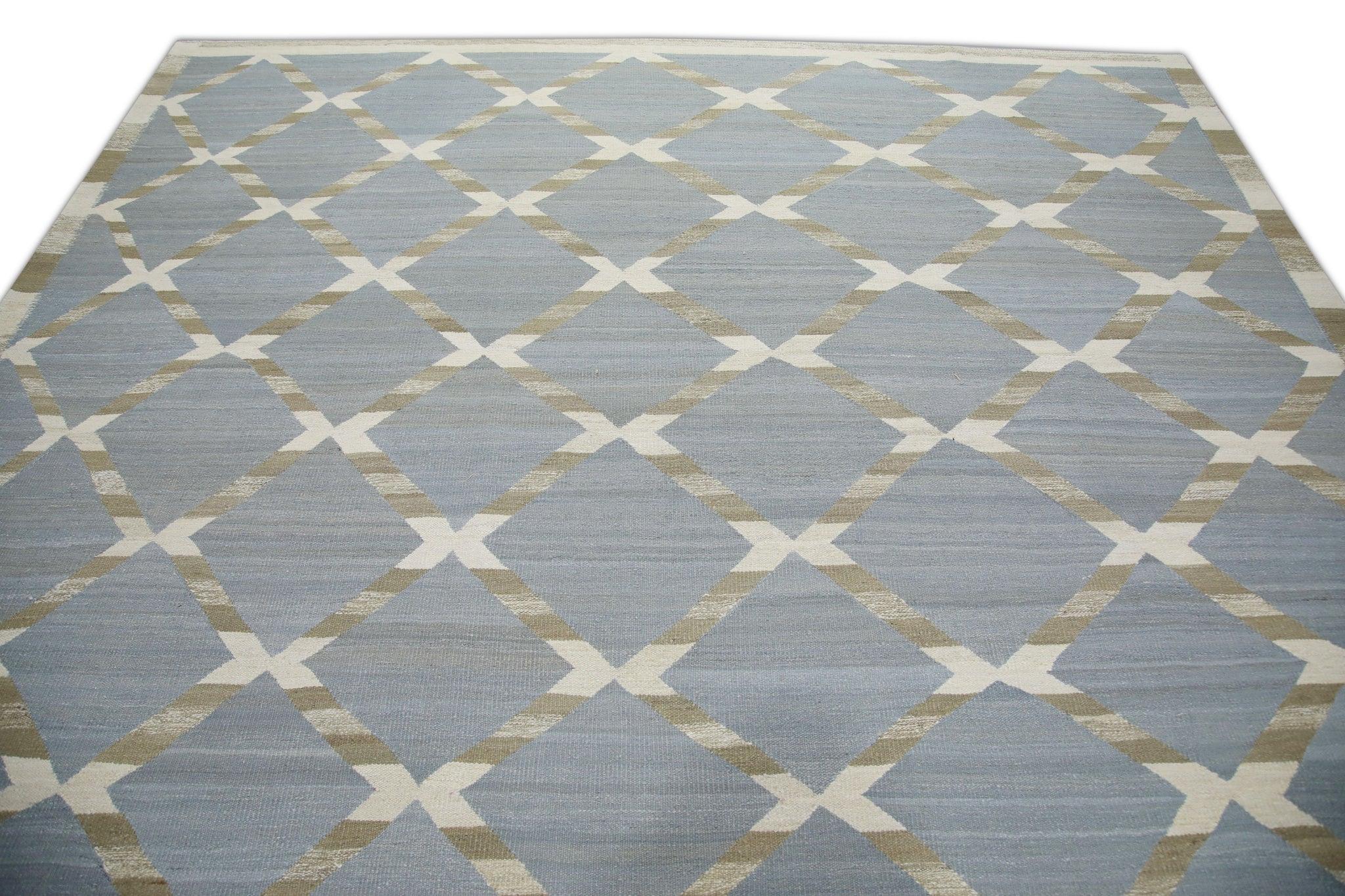 Blue & Brown Geometric Pattern Flatweave Handmade Wool Rug 9'5