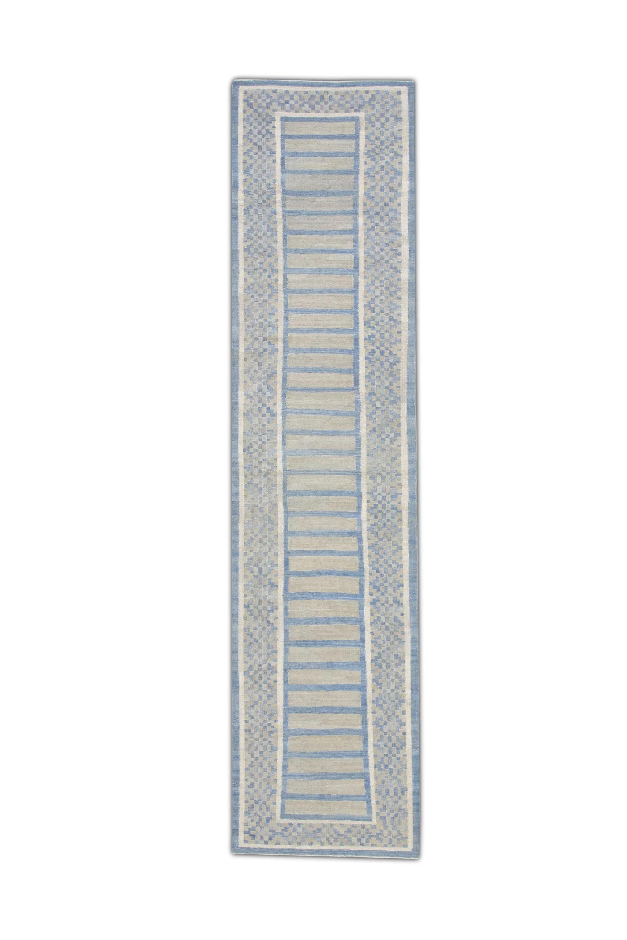 Laine Tapis en laine gris et bleu à motif géométrique tissé à la main, 2'11