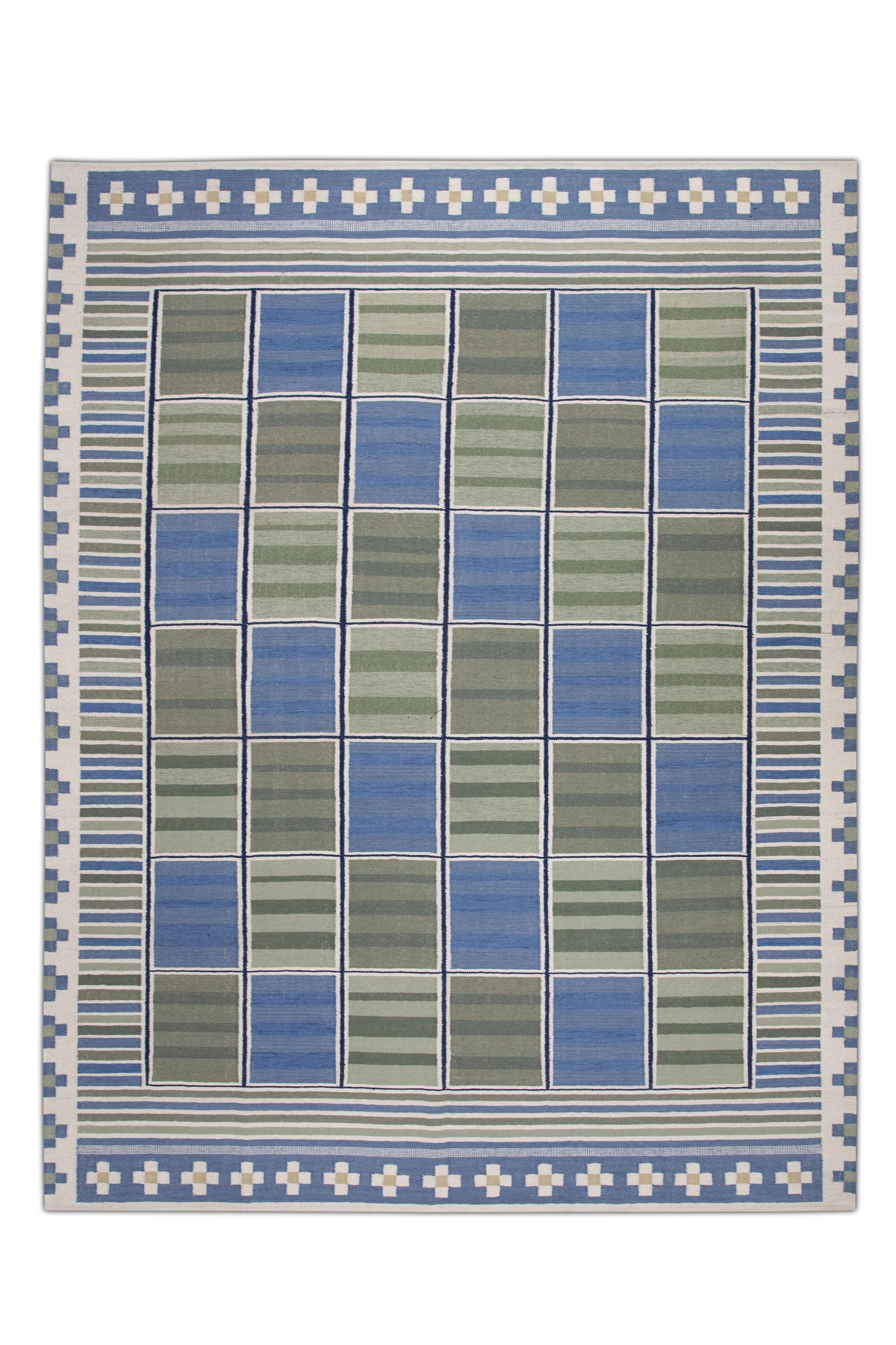Green and Blue Geometric Design Flatweave Handmade Wool Rug 9'1