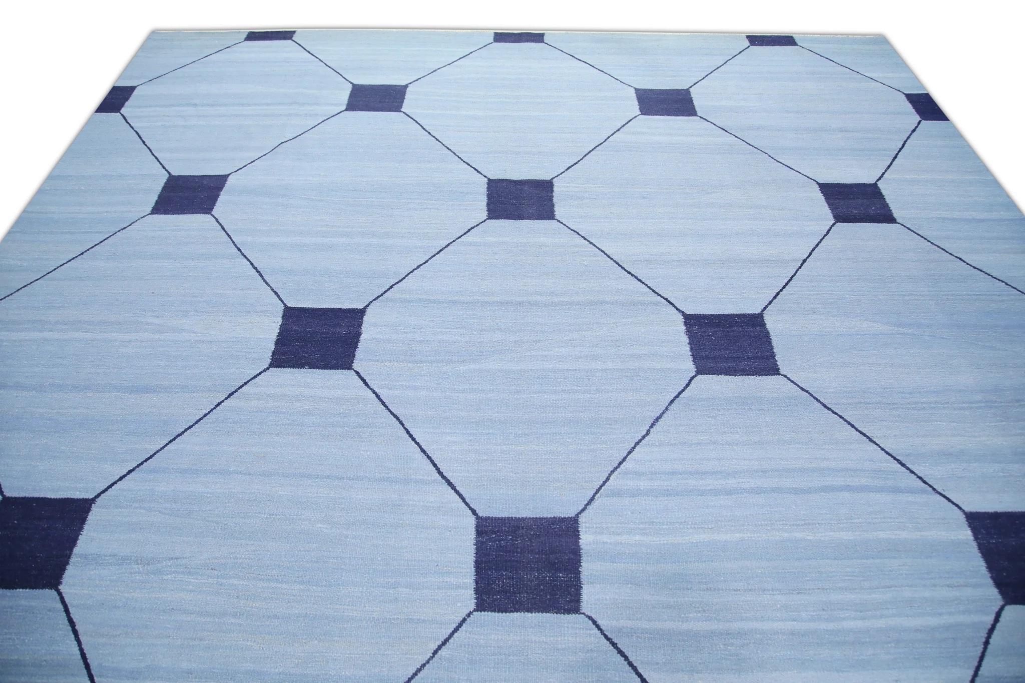 Blue & Navy Geometric Design Flatweave Handmade Wool Rug 10' X 14'7