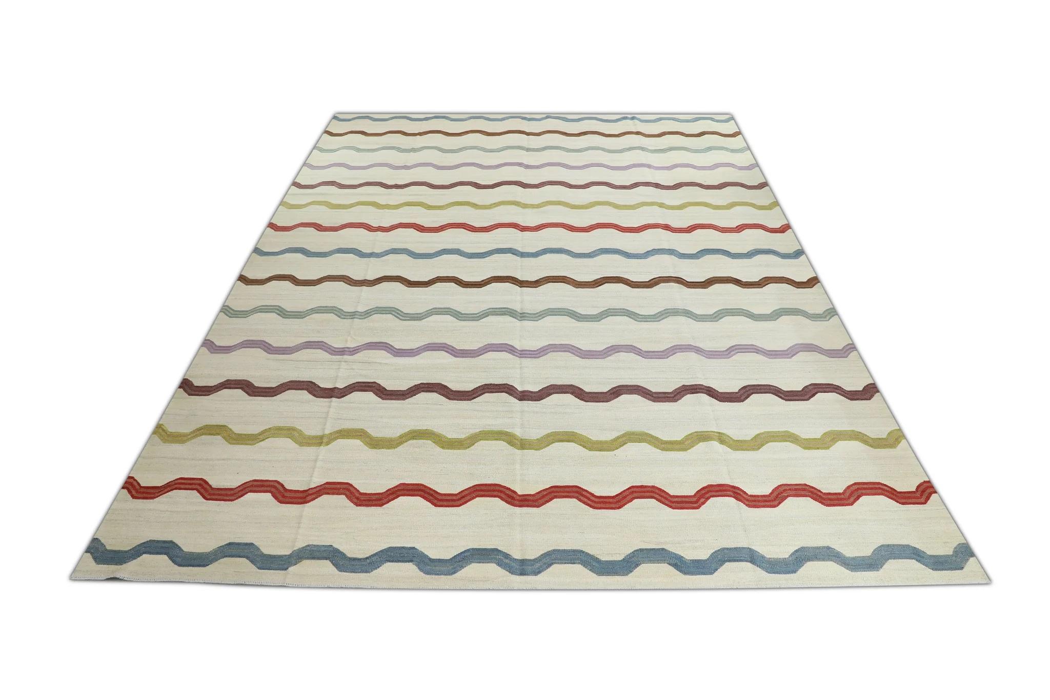 Multicolor Geometric Stripe Design Flatweave Handmade Wool Rug 11'10