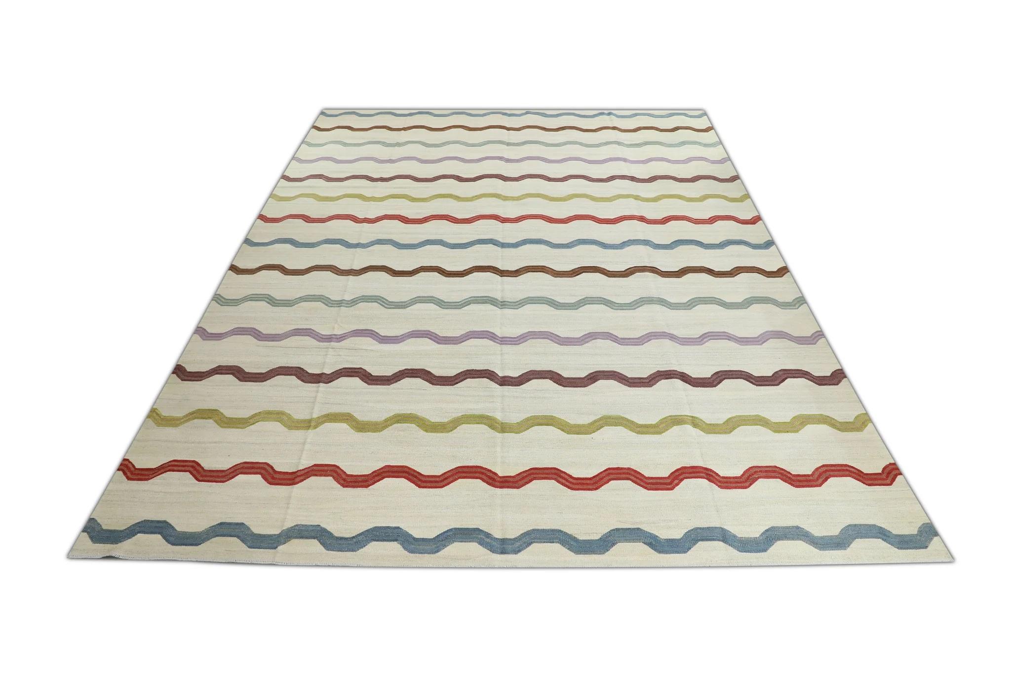 Lana Tappeto in lana fatto a mano multicolore con design a strisce geometriche a tessitura piatta 11'10