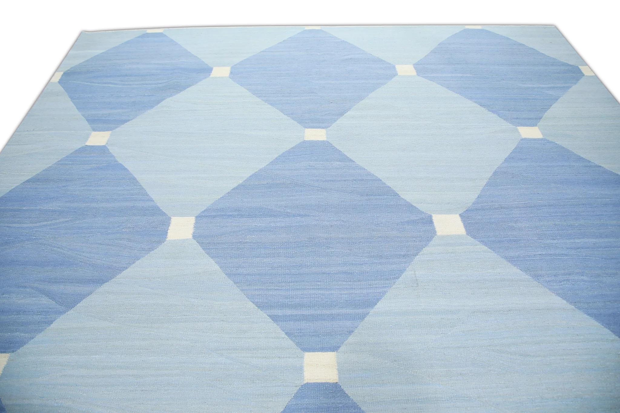 Blue Geometric Design Flatweave Handmade Wool Rug 10'3