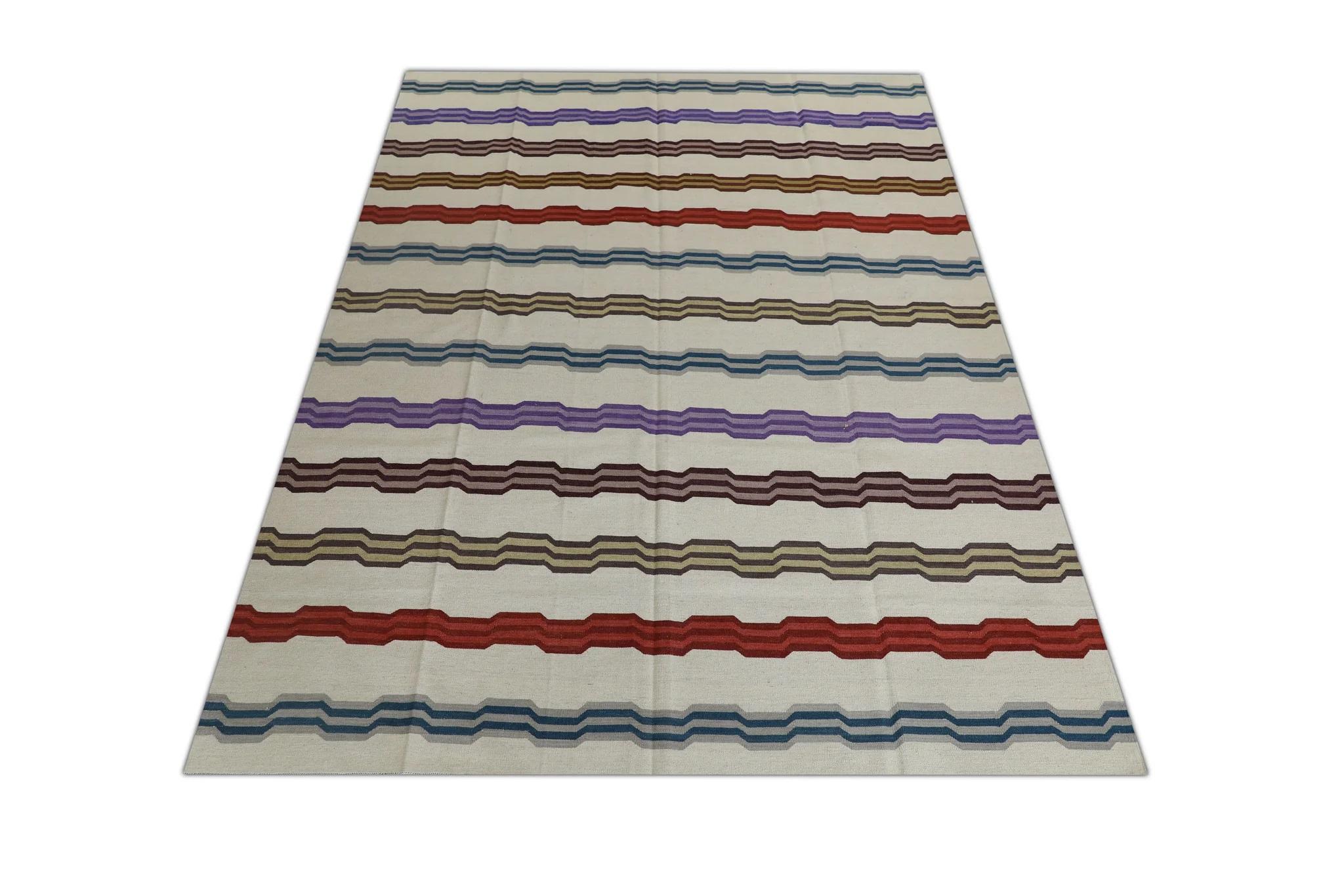 Lana Tappeto in lana fatto a mano multicolore con design a strisce geometriche a tessitura piatta 9'1