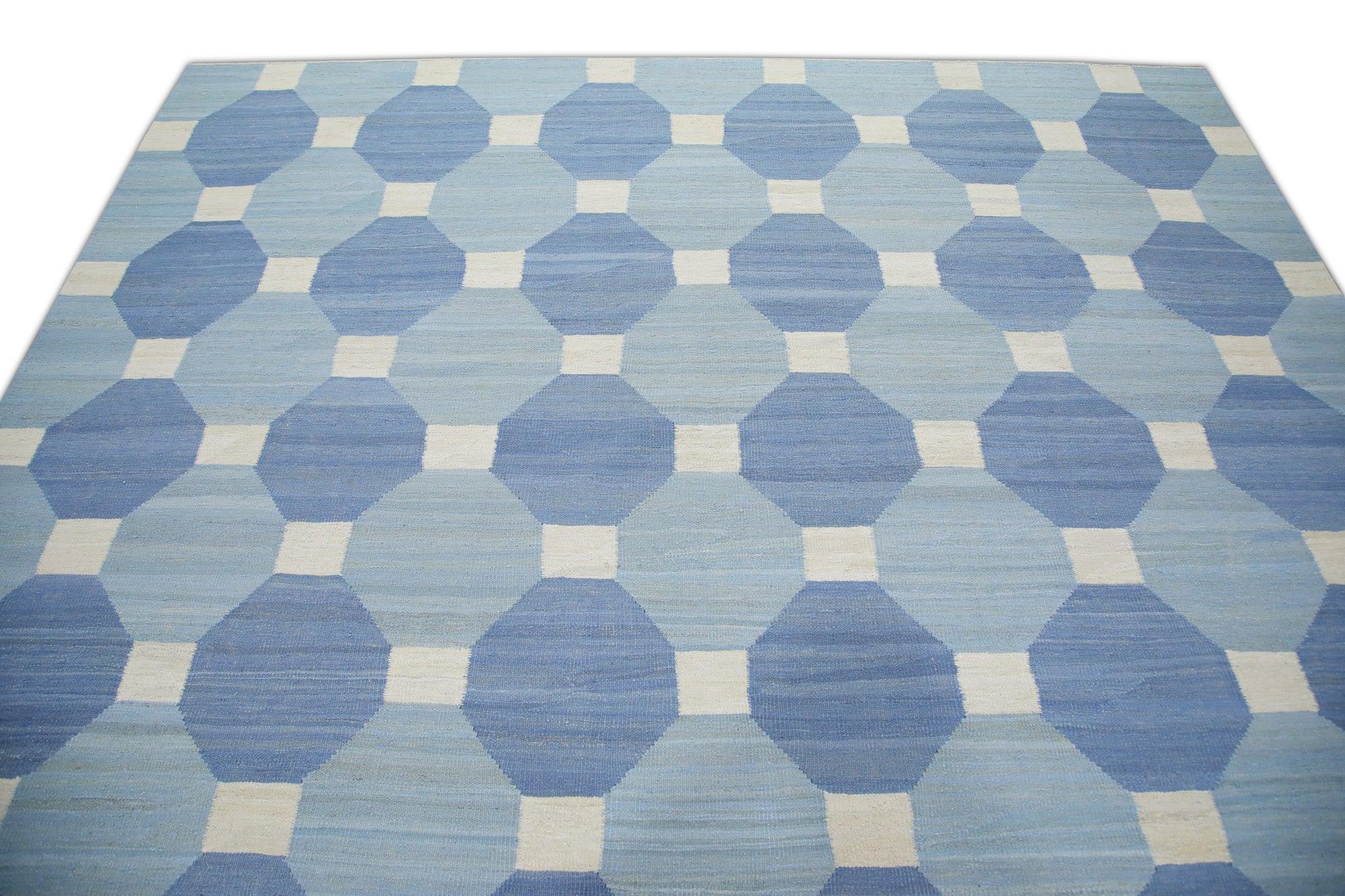 Laine Tapis en laine bleu à motifs géométriques tissés à plat fait à la main 8'9