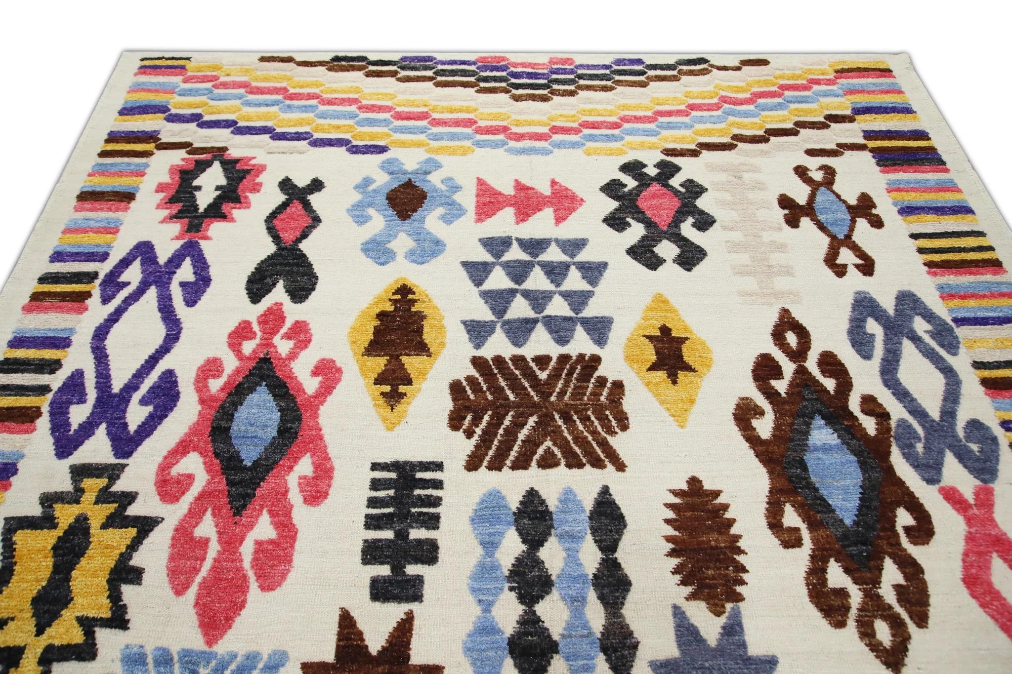 Laine Tapis en laine tissé à plat à motifs géométriques multicolores fait à la main 7'11