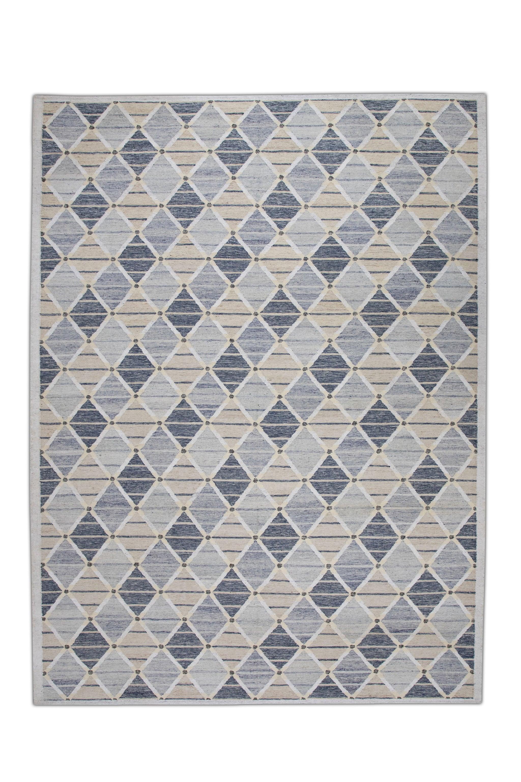 Blue Geometric Pattern Flatweave Handmade Wool Rug 9' X 12'2