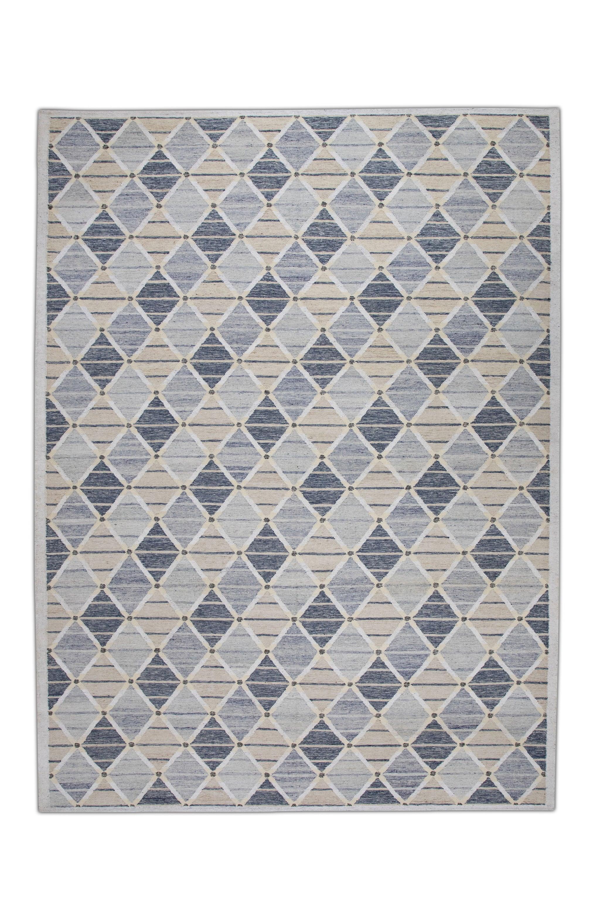 Lana Tappeto in lana fatto a mano con motivo geometrico blu a trama piatta 9' X 12'2