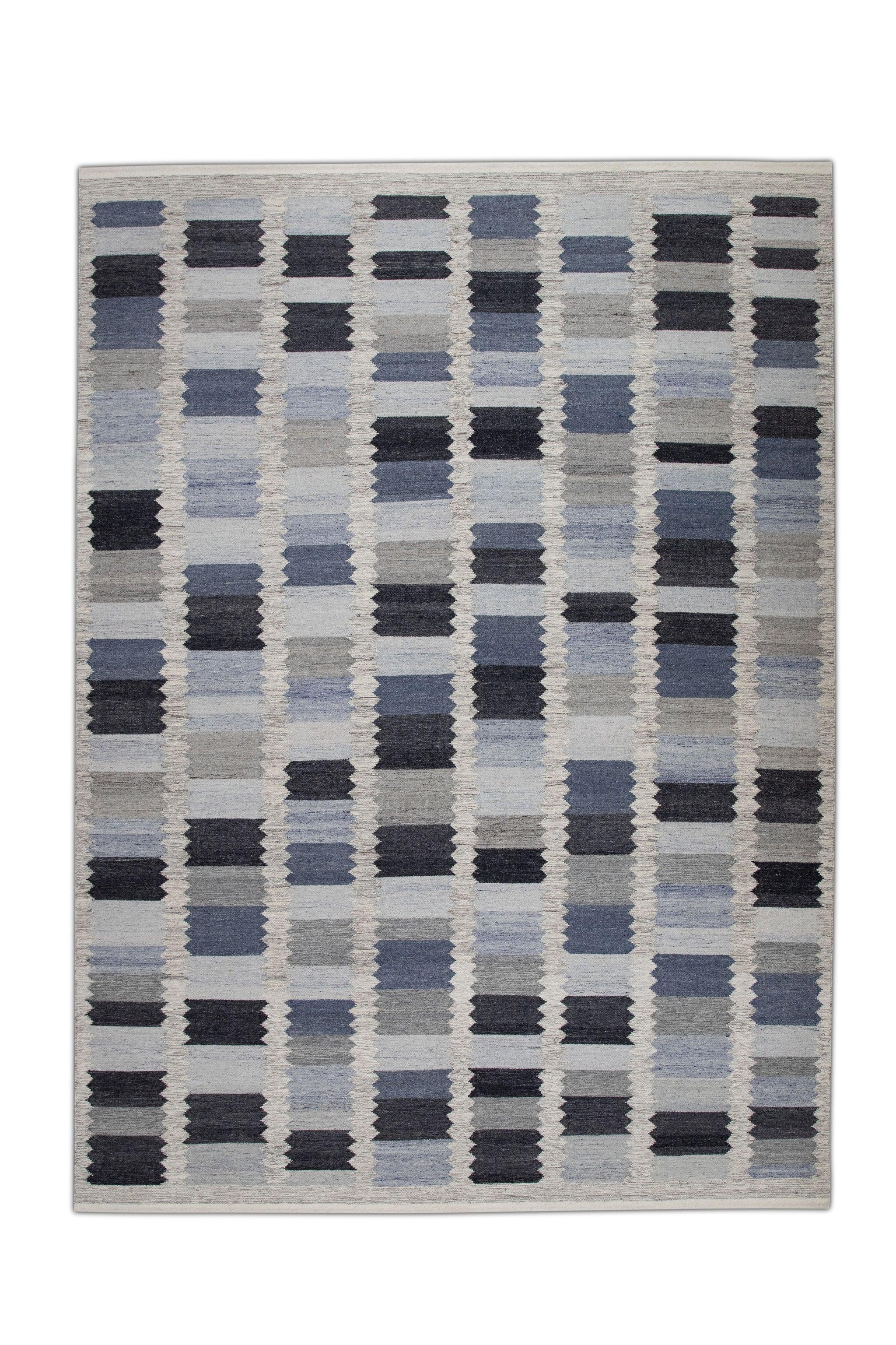 Blue & Gray Geometric Design Flatweave Handmade Wool Rug 9' X 12'3