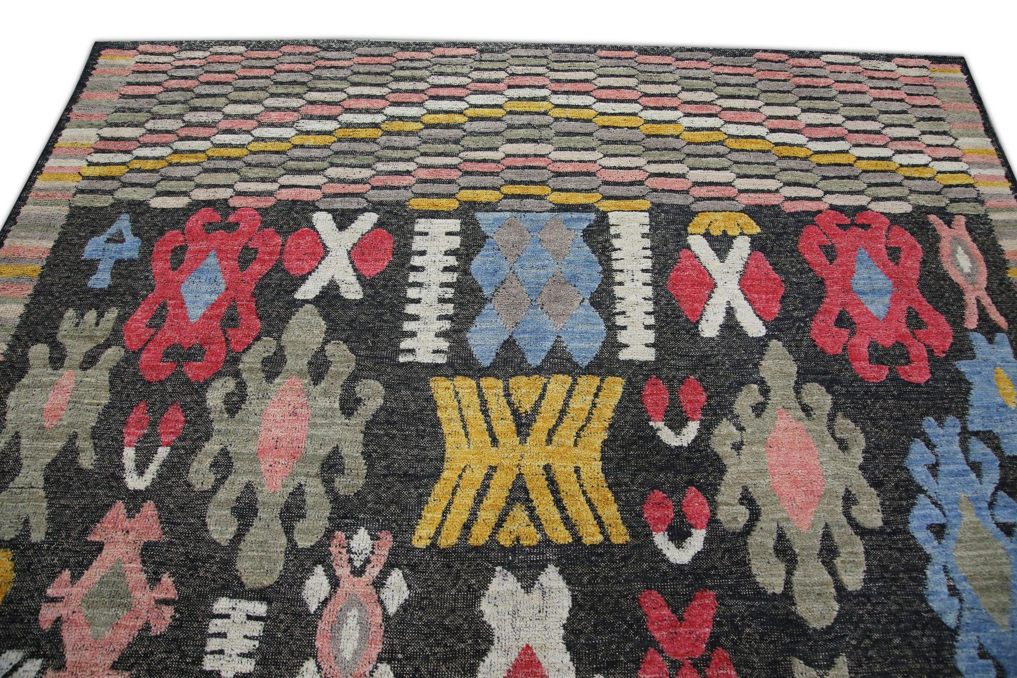 Flatweave Handmade Wool Rug in Pink, Blue, Yellow Geometric Design 8'5