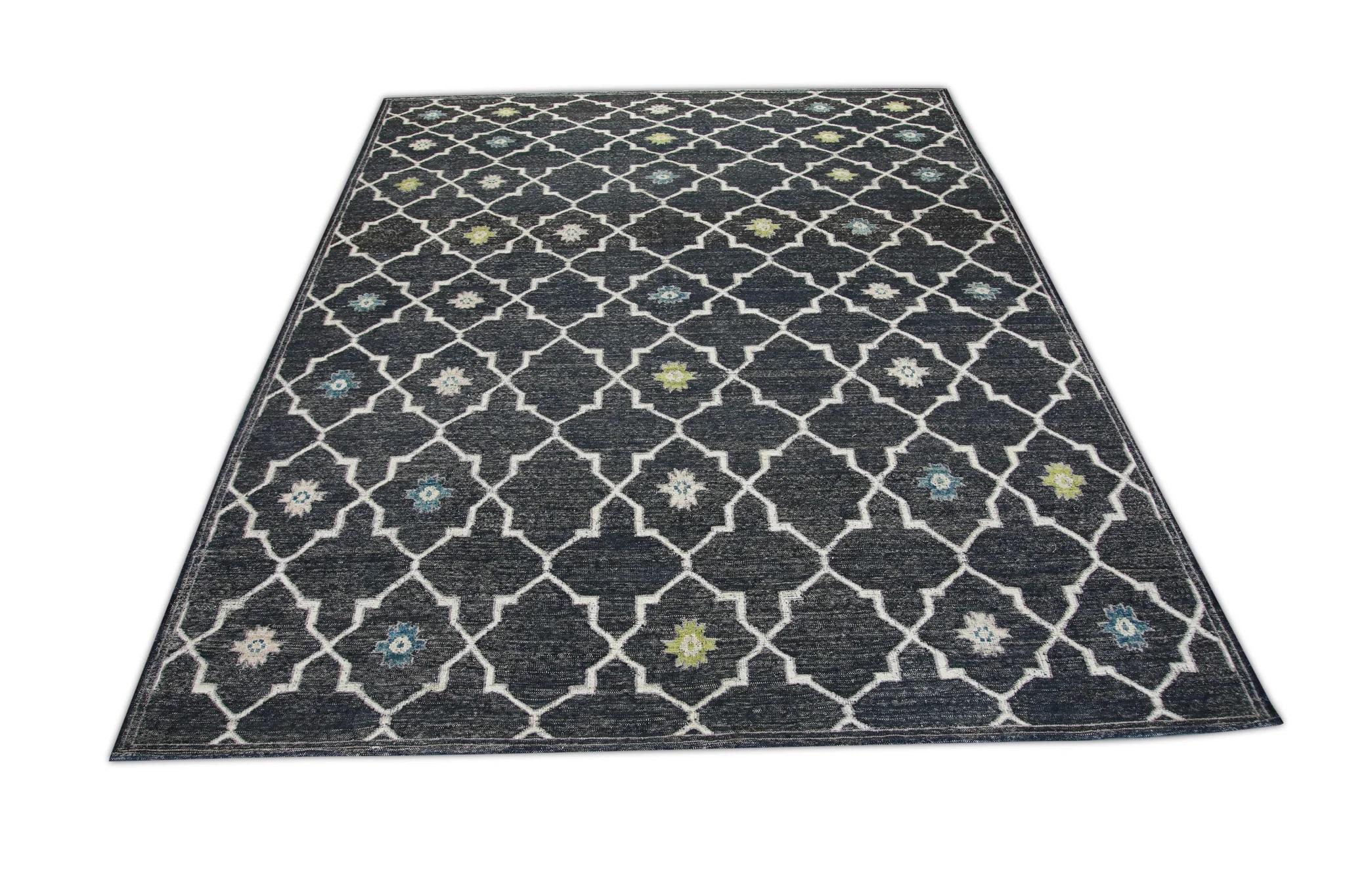 Charcoal Flatweave Handmade Wool Rug in Blue & Green Geometric Design 10' X 12'4 For Sale 2